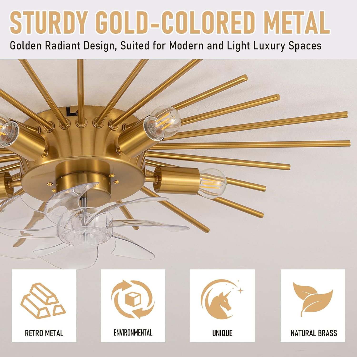 30' Low Profile Flush Mount 5 Light Ceiling Fans with Lights and Remote, Modern Metal Fandelier Ceiling Fan with Light, Farmhouse Gold Ceiling Fan for Bedroom,Living Room,Foyer (6 Speeds,Timing)