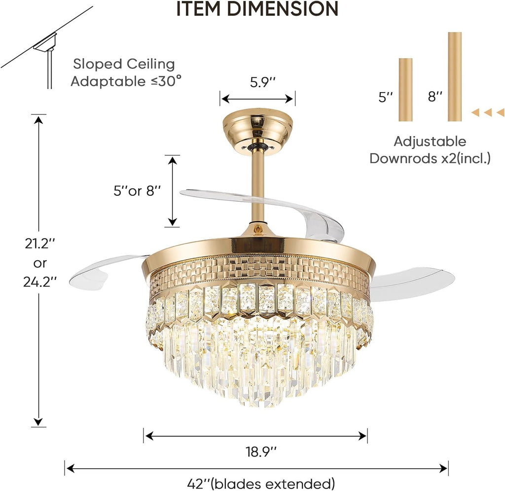 42' Chandelier Ceiling Fan with Lights,Crystal Fandelier Ceiling Fan with Retractable Blades,Chandelier Fans for Bedroom Living Room,6 Speeds,3 Color Temperatures,Remote & APP Control-Gold