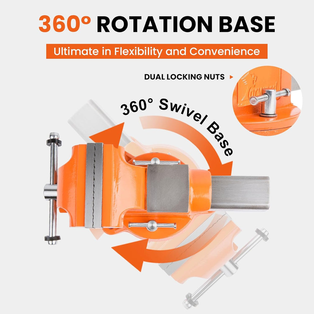 Forward Bench Vise 5 Inch Ductile Iron Bench Vice with 360 Degree Swivel Base and Channel Steel Guide Bar 30505 (5')