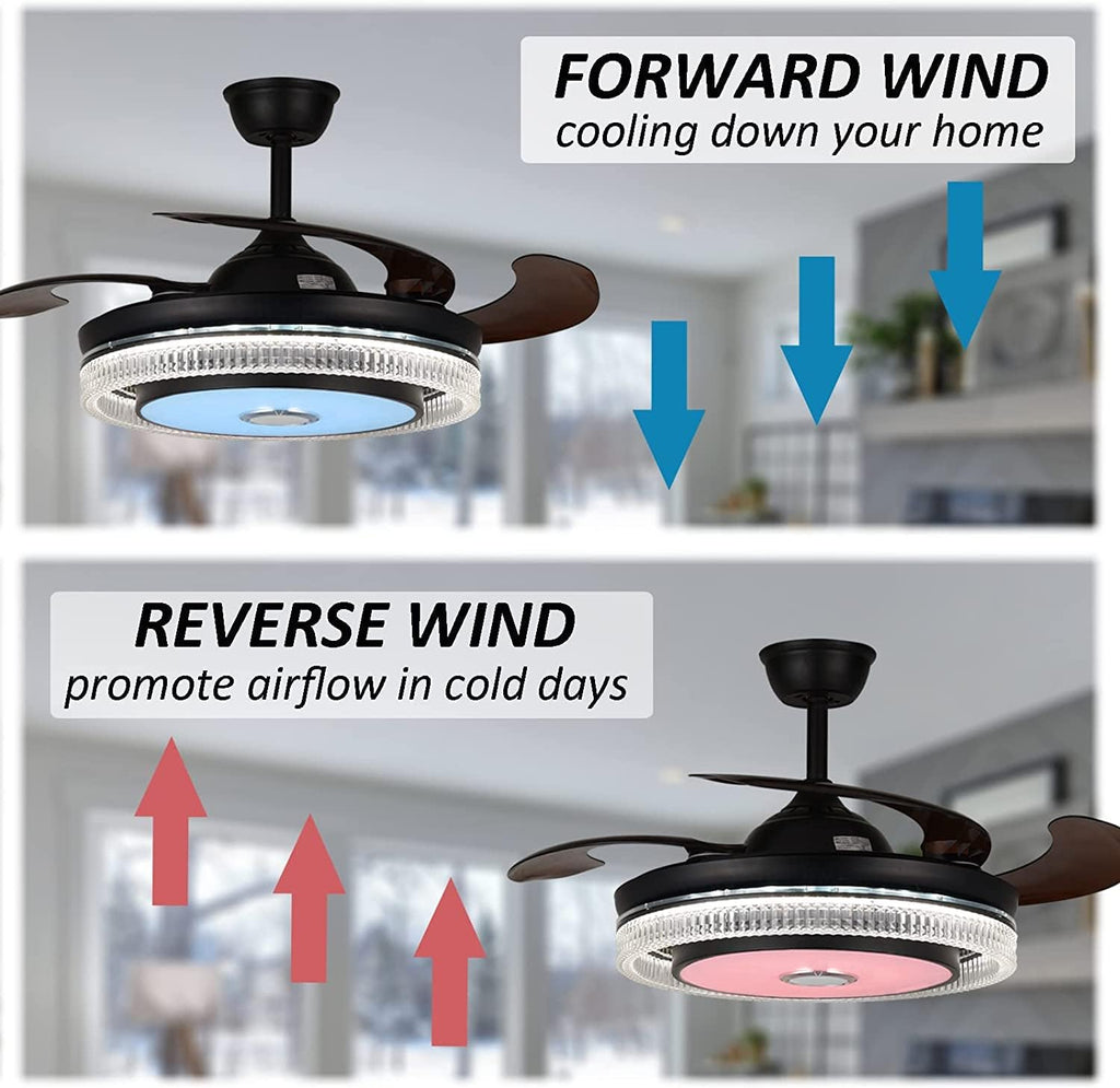FANPERO 42' Smart Ceiling Fan with Lights Remote Control, Black Crystal Fandelier with Bluetooth Speaker, 7 Color Dimmable Retractable LED Chandelier Fans with Reversible Silent Motor, 6 Speeds