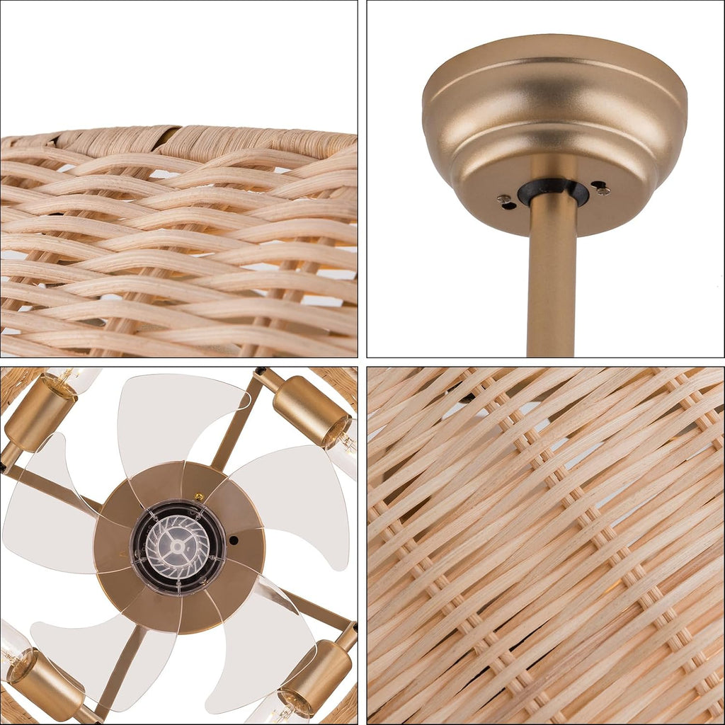 LOYALHEARTDY Rattan Caged Fandelier with Lights - 18in Bamboo, 6-Speed Reversible, Remote Control - Boho Woven Wicker Ceiling Fan