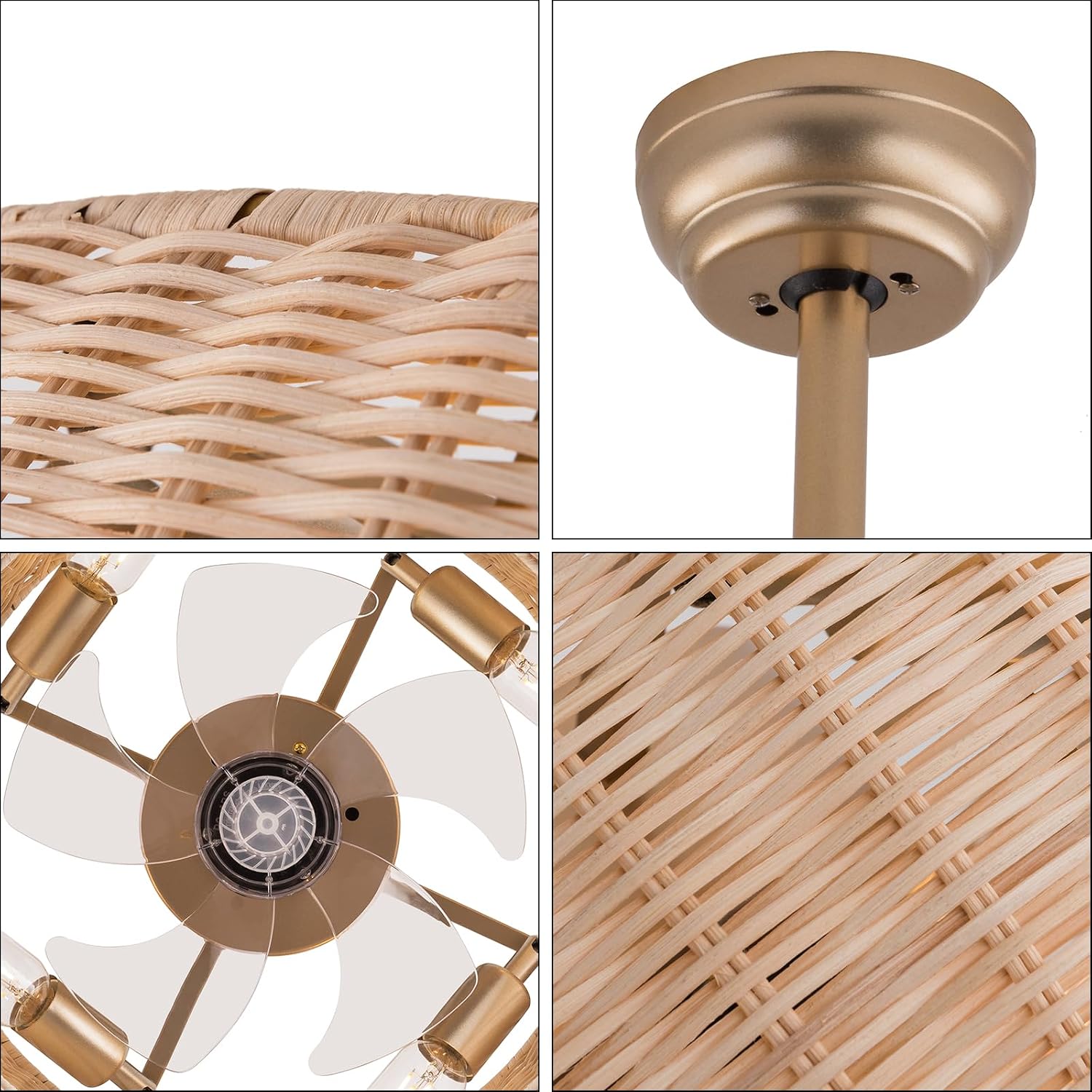LOYALHEARTDY Rattan Caged Fandelier with Lights - 18in Bamboo, 6-Speed Reversible, Remote Control - Boho Woven Wicker Ceiling Fan