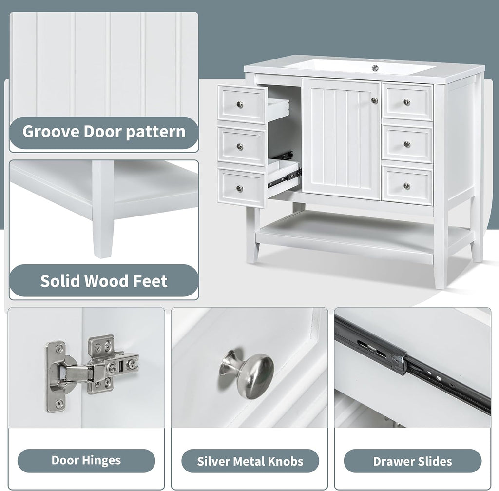 36' Vanity Bathroom Cabinet with Sink Top, Three Multi-Functional Drawers, Open Storage Space, Adjustable Shelf, White