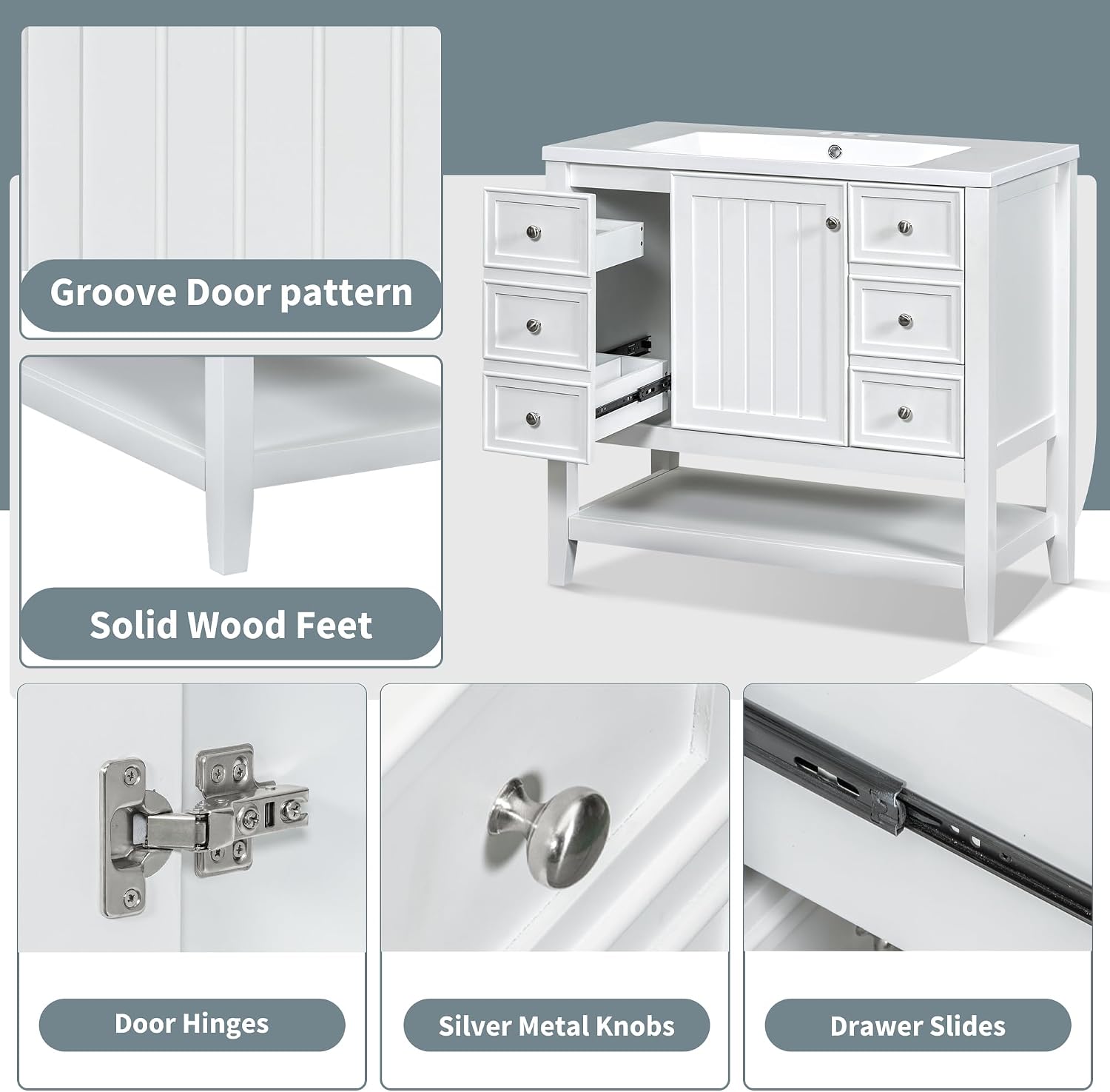 36' Vanity Bathroom Cabinet with Sink Top, Three Multi-Functional Drawers, Open Storage Space, Adjustable Shelf, White