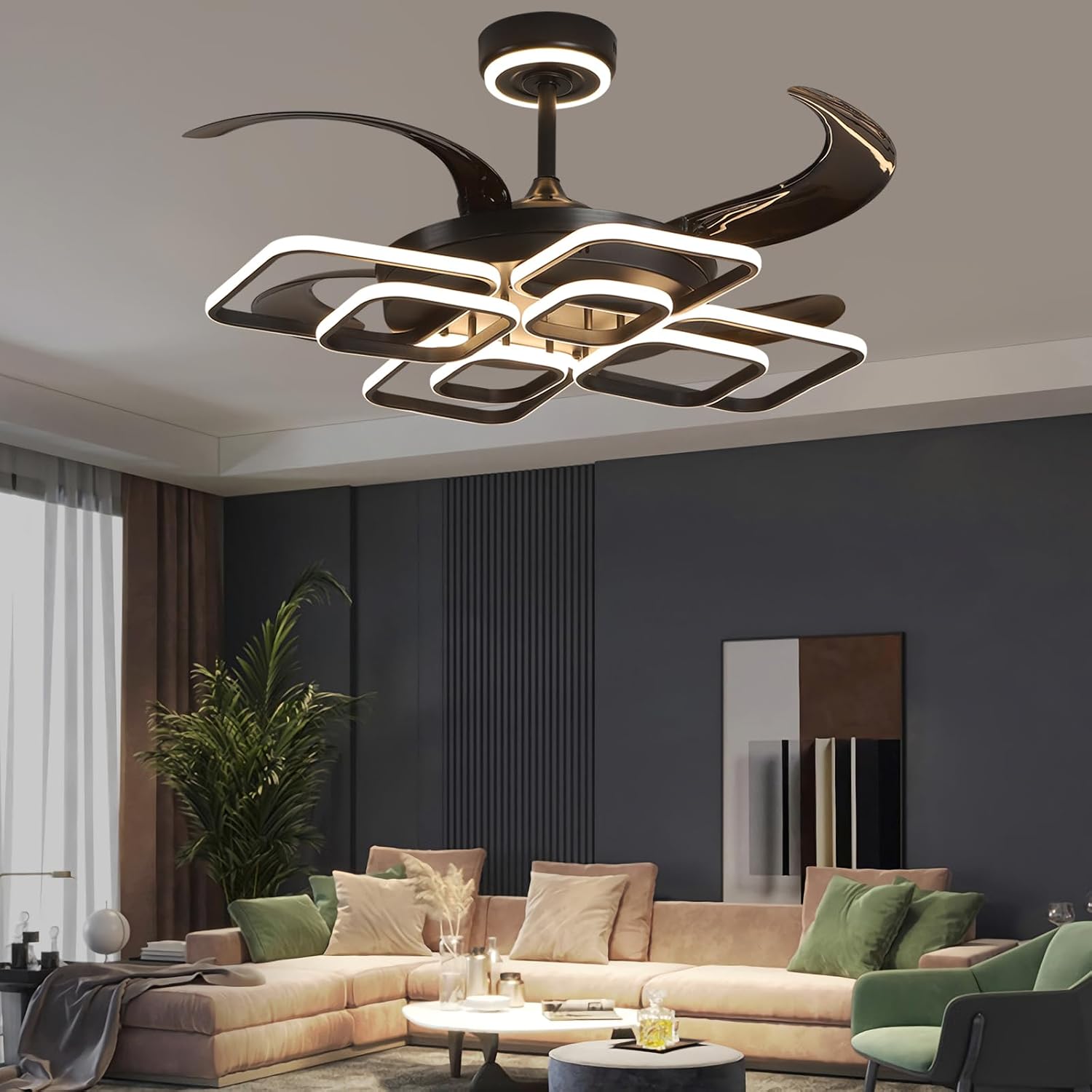 48 Inch Retractable Fandelier Ceiling Fan Chandelier with Lights and Remote for Bedroom Indoor Decoration, 3 Color Changeable, Dimmable with App, Timer Setting, Black