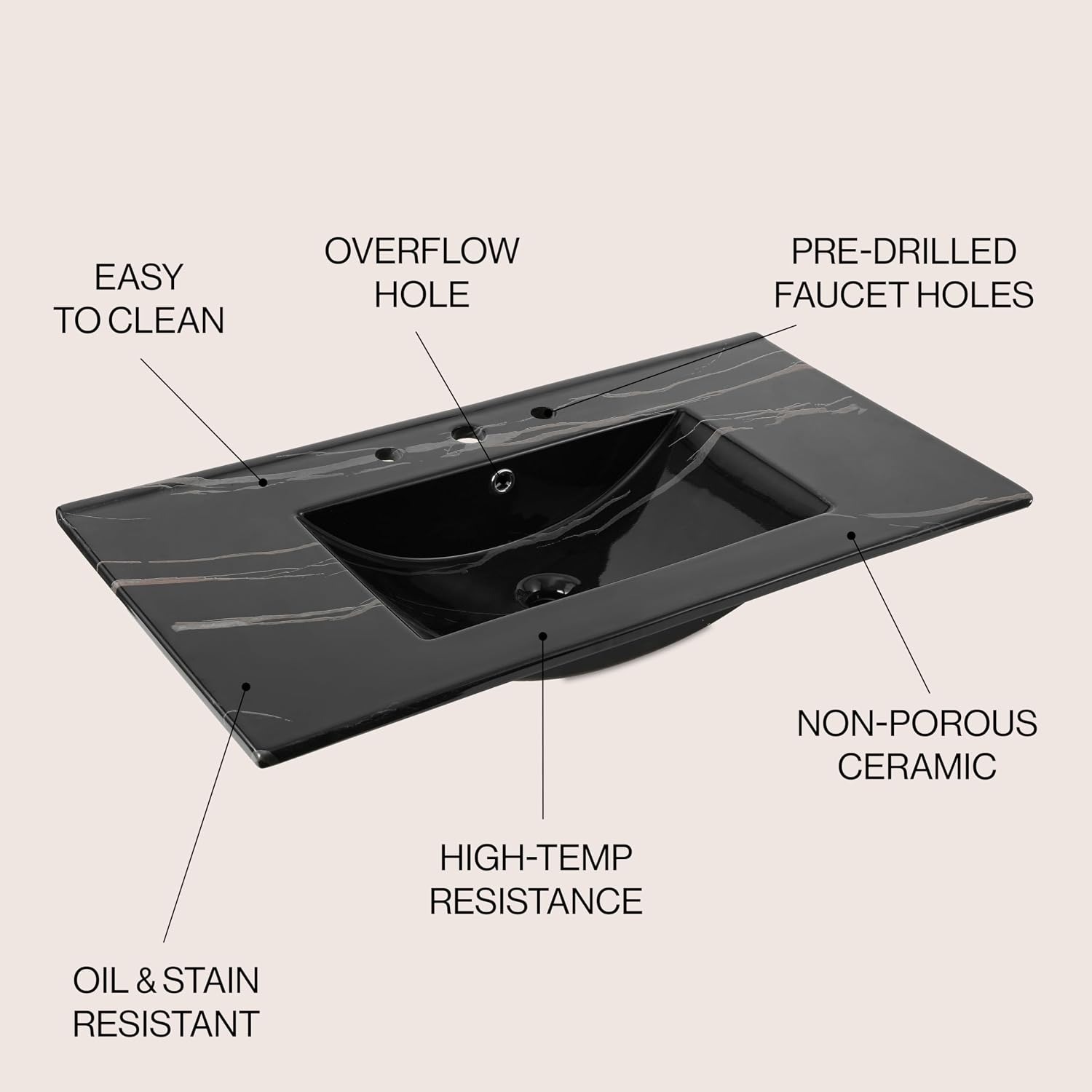 JONATHAN Y Ancillary 36 in. W x 18.25 in. D Ceramic Vanity Sink Top with 3-Hole Rectangular Single Sink Basin, Black Marble Effect SNK1003D