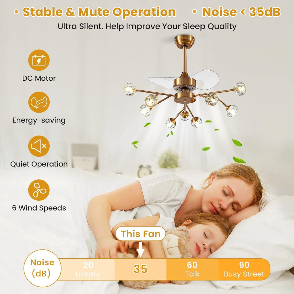 Siljoy 9-Light Farmhouse Sputnik Crystal Ceiling Fan with Light and Remote, Brass Gold Fandelier with Quiet Reversible Motor, 6 Speeds, 3-Color Change for Living Room Bedroom Patio 35.4 Inch