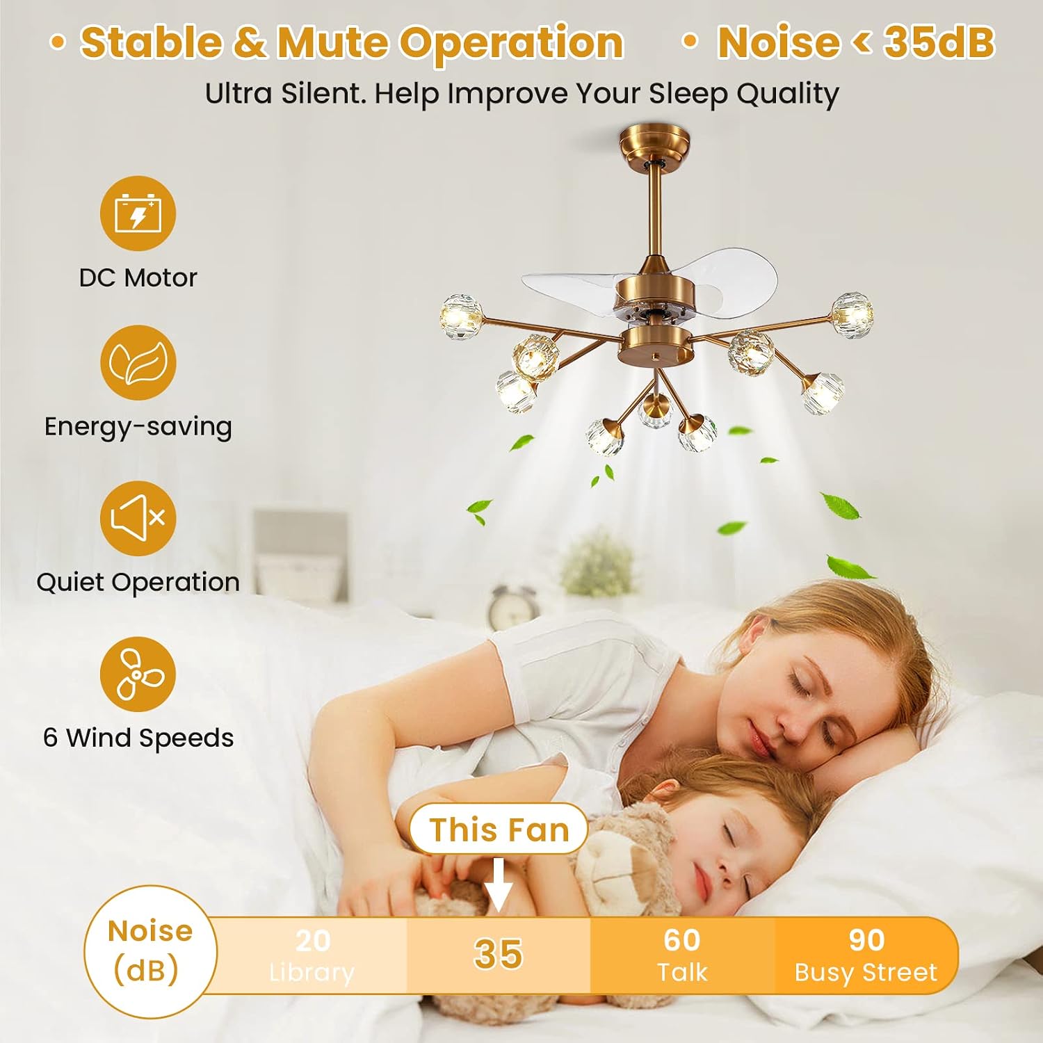 Siljoy 9-Light Farmhouse Sputnik Crystal Ceiling Fan with Light and Remote, Brass Gold Fandelier with Quiet Reversible Motor, 6 Speeds, 3-Color Change for Living Room Bedroom Patio 35.4 Inch