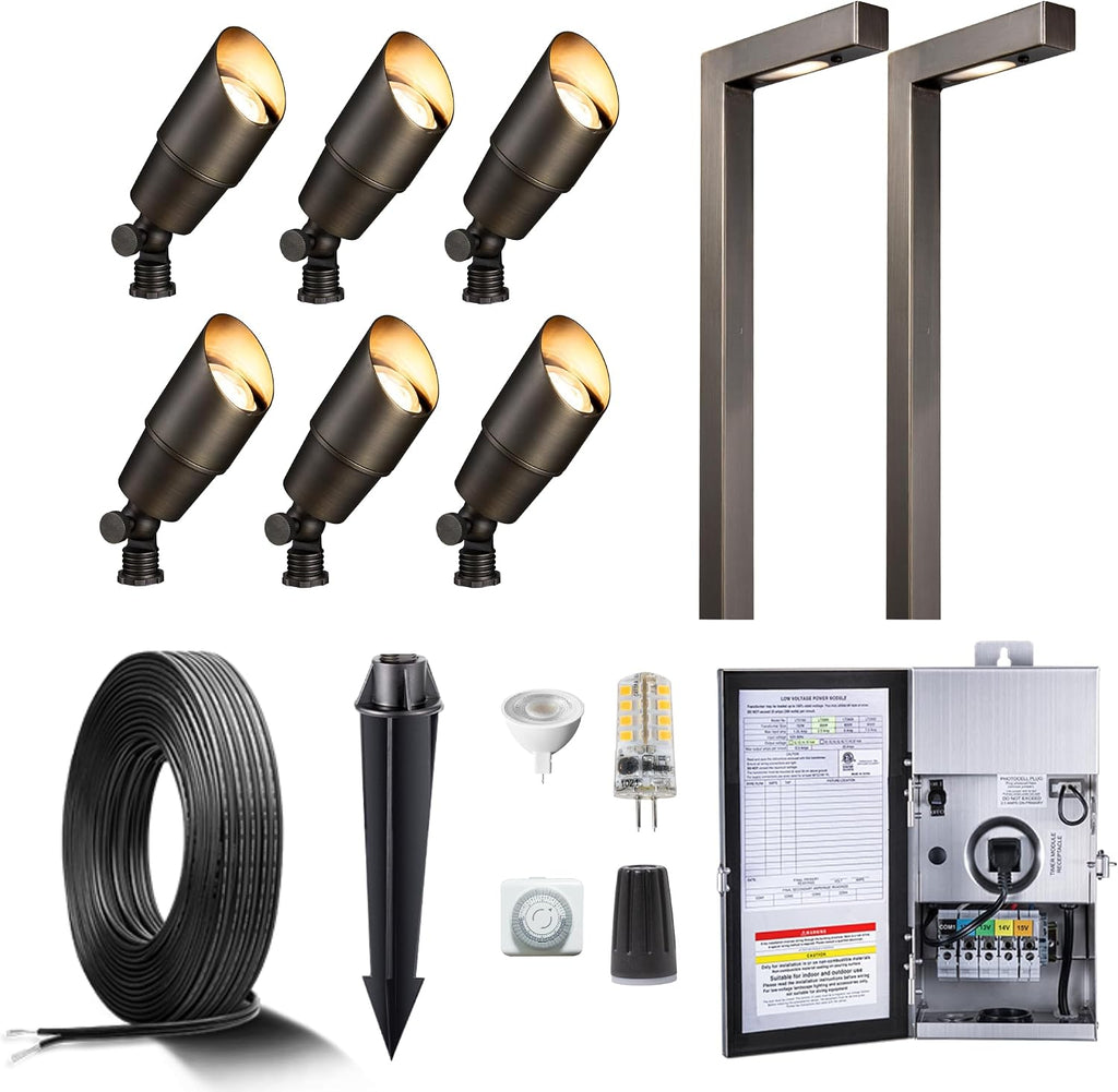 Gardenreet Brass Landscape Lighting Kit (6 Spotlights, 2 Path Lights) with 150W 12V Transformer and 100 Feet Cable and 30 Pack Wire Connectors for Outdoor Garden Patio Pathway