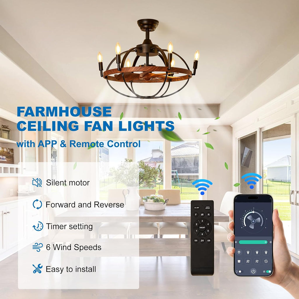 27.6' Farmhouse Ceiling Fan with Light and Remote Control, Vintage Cage Candle Chandelier Fans Rustic Enclosed Bladeless Fandelier for Kitchen Dining Room Living Room