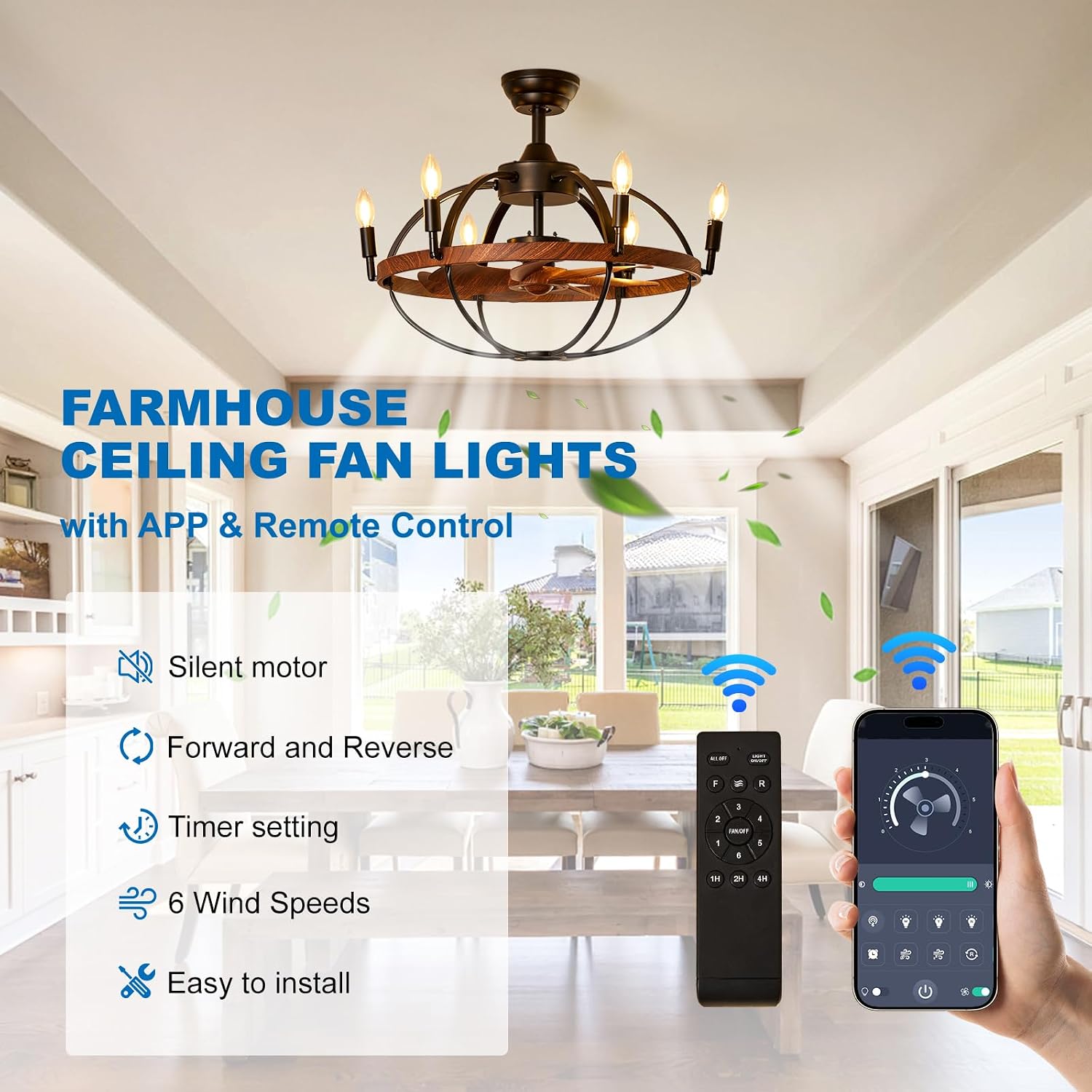 27.6' Farmhouse Ceiling Fan with Light and Remote Control, Vintage Cage Candle Chandelier Fans Rustic Enclosed Bladeless Fandelier for Kitchen Dining Room Living Room