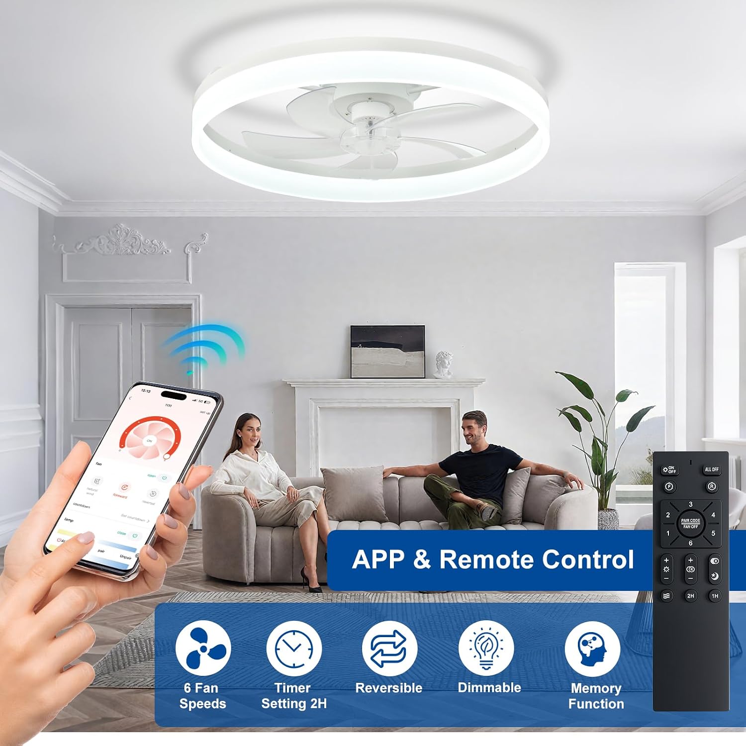 DLLT Bladeless Ceiling Fans with Lights: 24 Inch Modern Flush Mount Low Profile Ceiling Fan with APP Remote Control - White Enclosed LED Fandelier Dimmable Quiet DC Motor for Bedroom Living Room