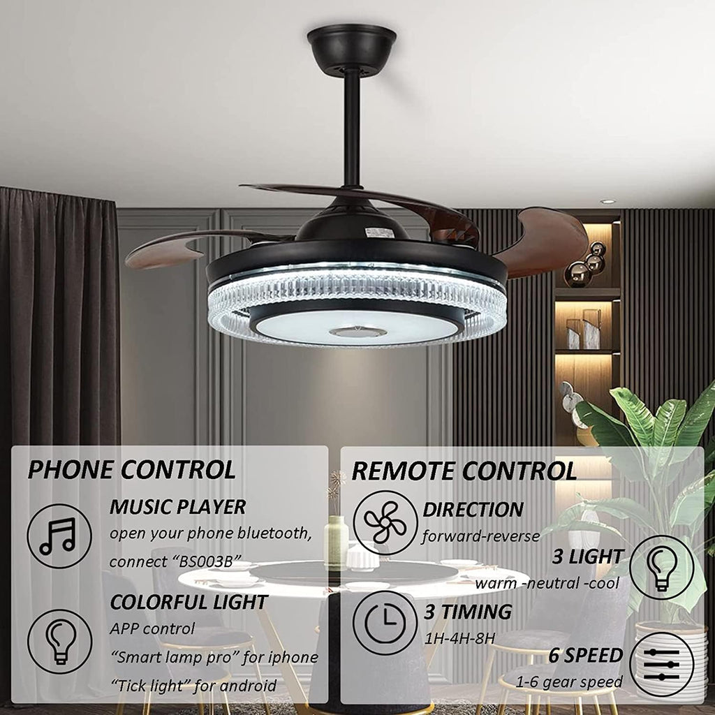 FANPERO 42' Smart Ceiling Fan with Lights Remote Control, Black Crystal Fandelier with Bluetooth Speaker, 7 Color Dimmable Retractable LED Chandelier Fans with Reversible Silent Motor, 6 Speeds