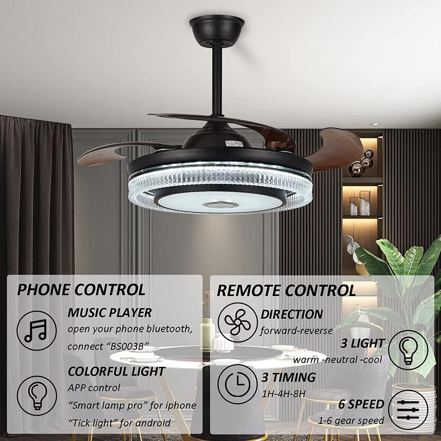 FANPERO 42' Smart Ceiling Fan with Lights Remote Control, Black Crystal Fandelier with Bluetooth Speaker, 7 Color Dimmable Retractable LED Chandelier Fans with Reversible Silent Motor, 6 Speeds