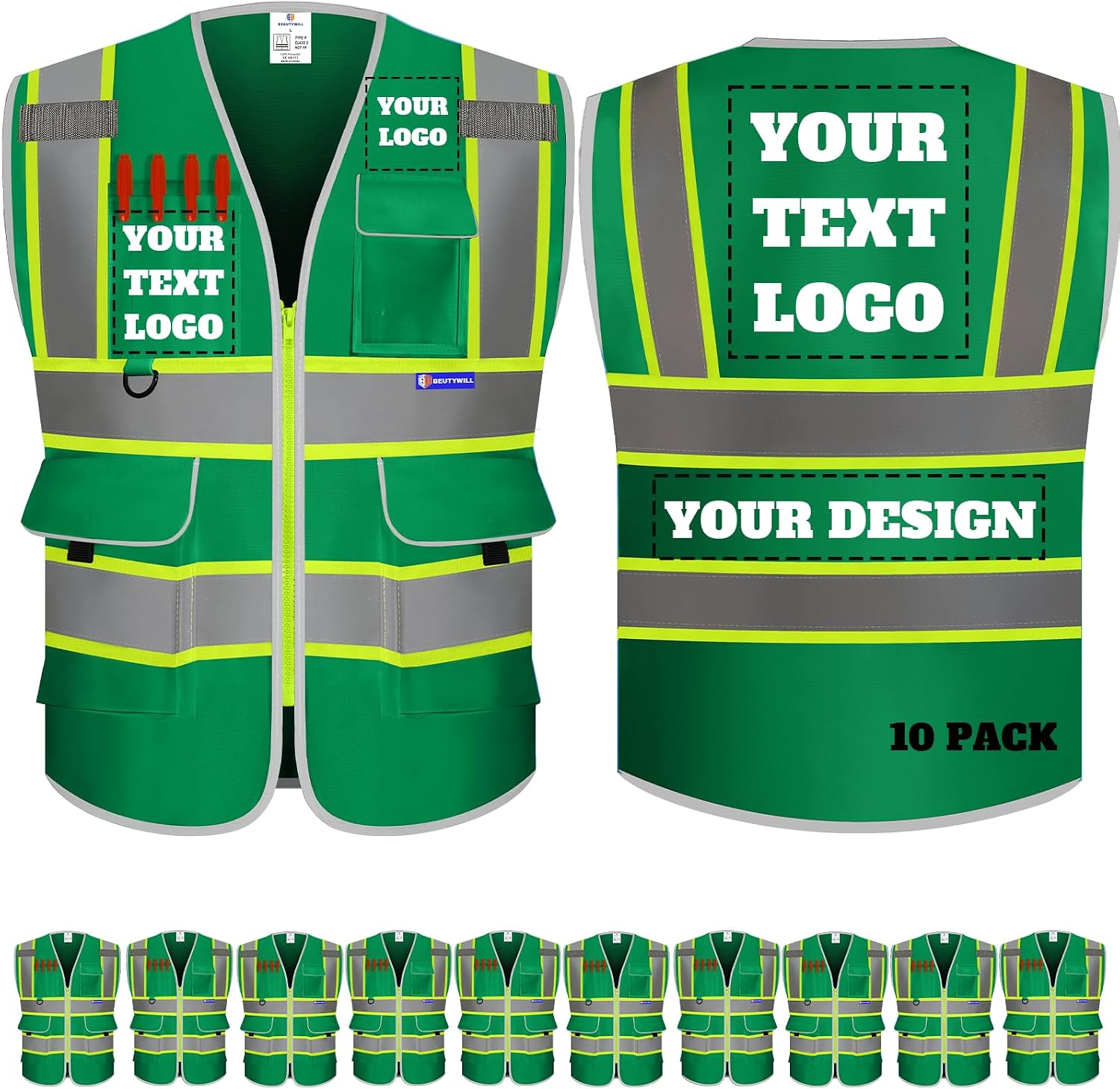 Custom Safety Vest Logo High Visibility Reflective Vest Ansi with Pockets Class 2 Hi Vis Security Construction Workwear