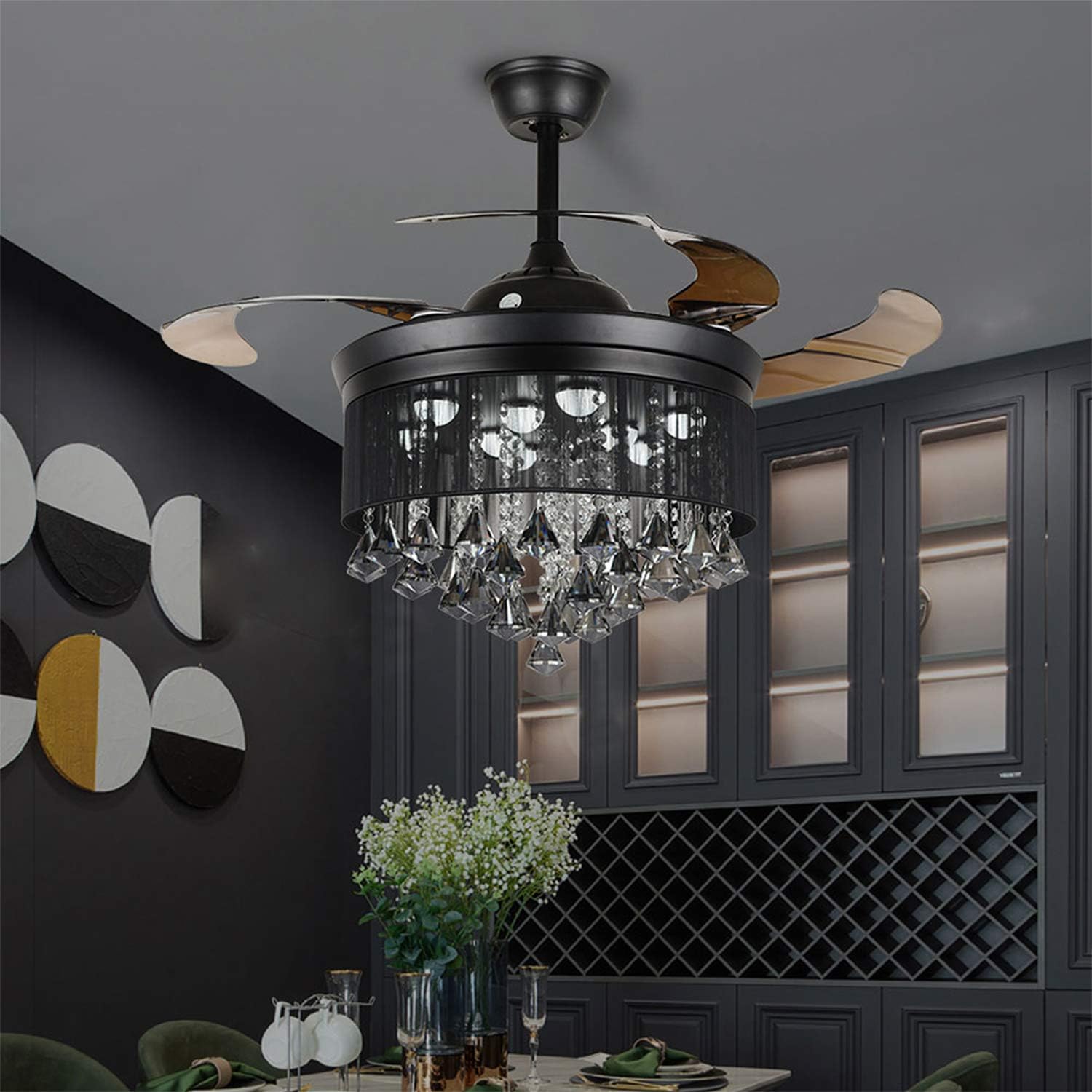 42 inches Fandelier Crystal Ceiling Fans Lights with Remote Control, Ceiling Fan Chandelier with 3 Colors 3 Speed Fan Chandelier with LED Lights for Living Room Bedroom, DS-FZ190, Black A