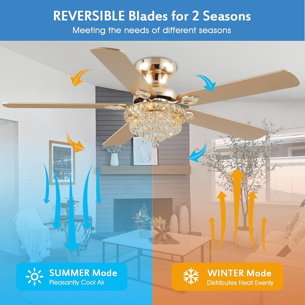 GJeg Crystal Ceiling Fan Fandelier with Lights-Ceiling Fans with Remote Control,Modern Ceiling Fan with Noiseless DC Reversible Motor,Dining Room,Living Room(52' Gold)