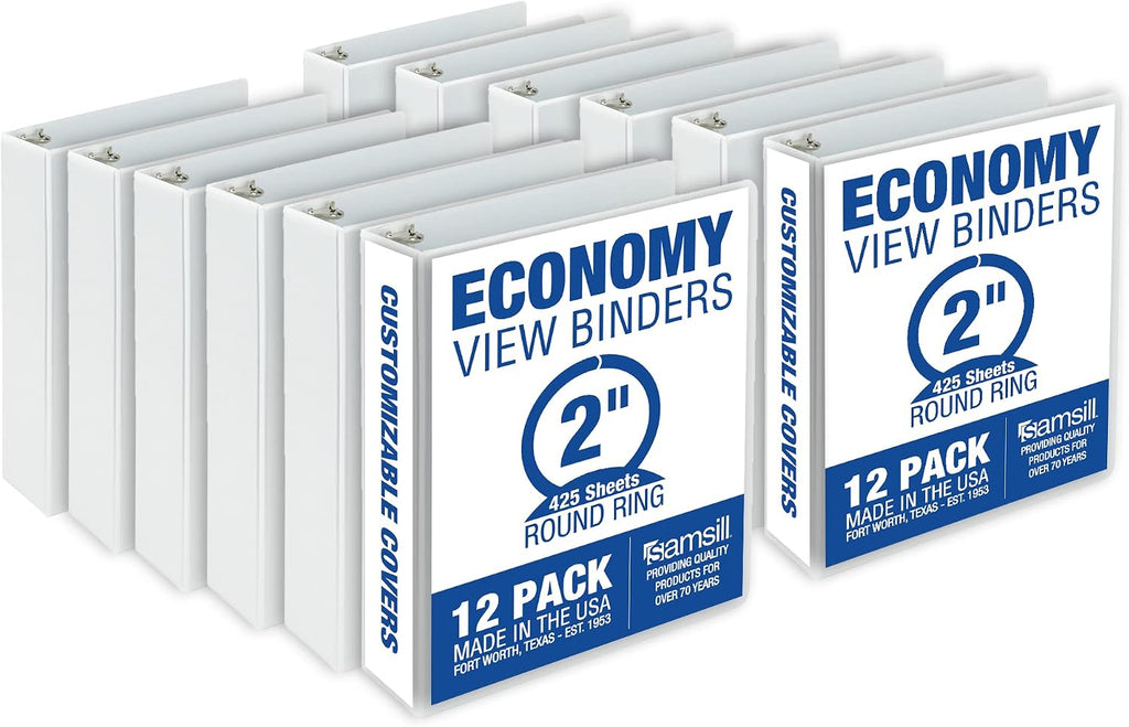 Samsill Economy 1.5 Inch and 2 Inch 3 Ring Binders with Clear View Covers, Made in USA, 12 Pack