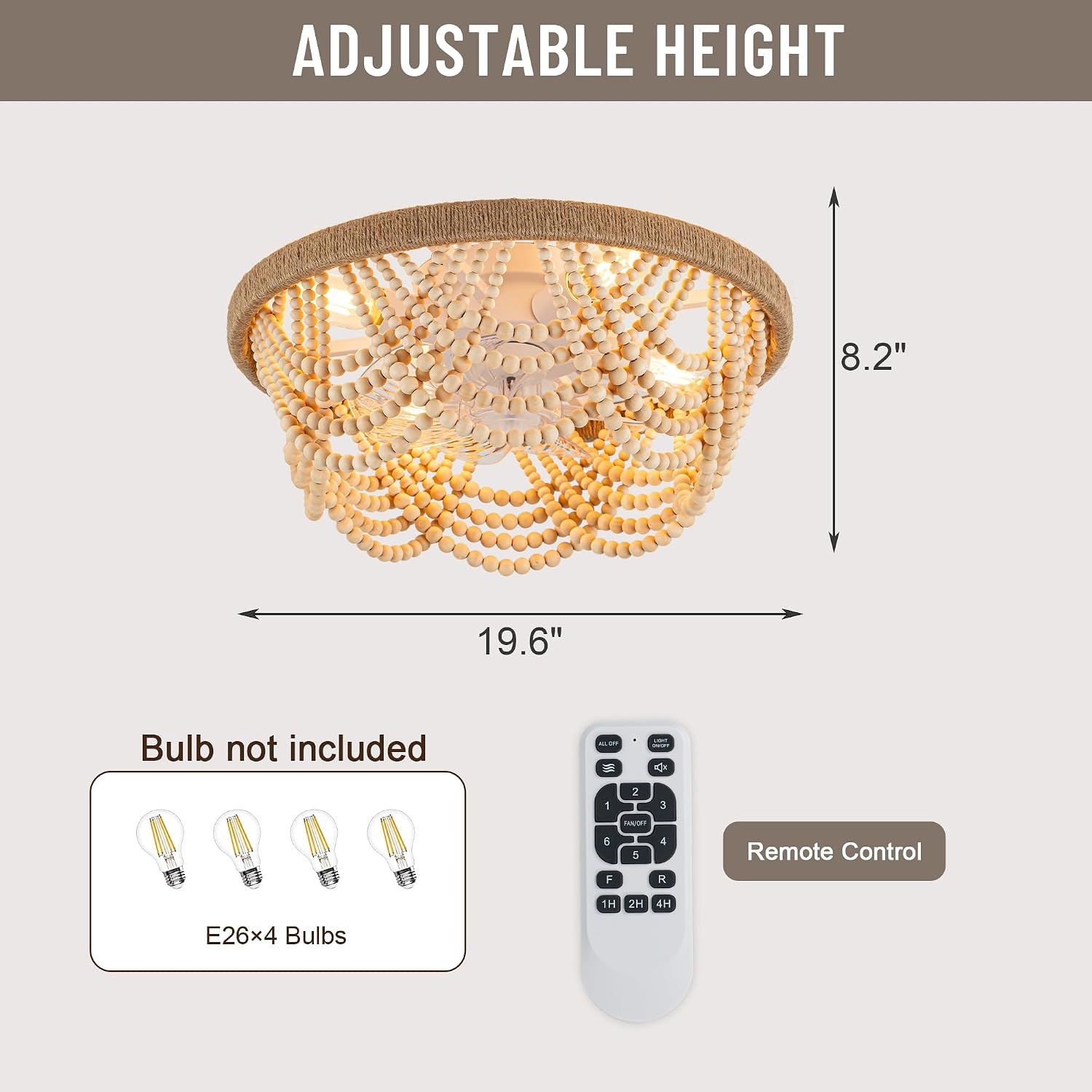 20'' Boho Ceiling Fan with Light and Remote, Wood Beads Flush Mount Ceiling Fans with 6 Speeds, Bohemian Caged Fandelier Chandelier Fan for Nursery Bedroom Living Room Hallway Patio Kitchen
