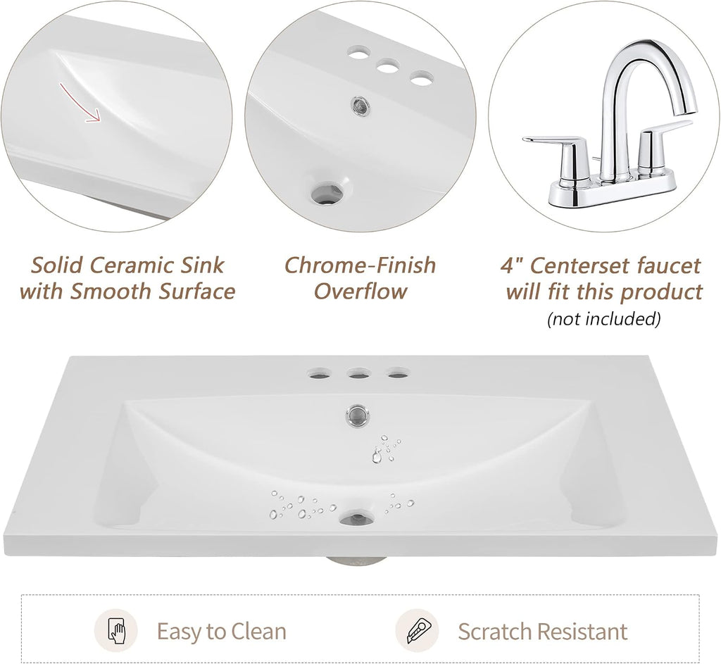 30'x18' Bathroom Vanity Sink Top Only, Center-Located Undermount Countertop, Fit for 4' Centerset Faucet (Not Included), White