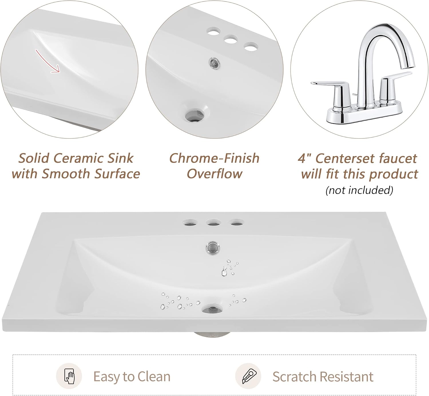 30' Ceramic Bathroom Vanity Sink Top, Modern White Vanity Top for cabinet with Triple Faucet Holes