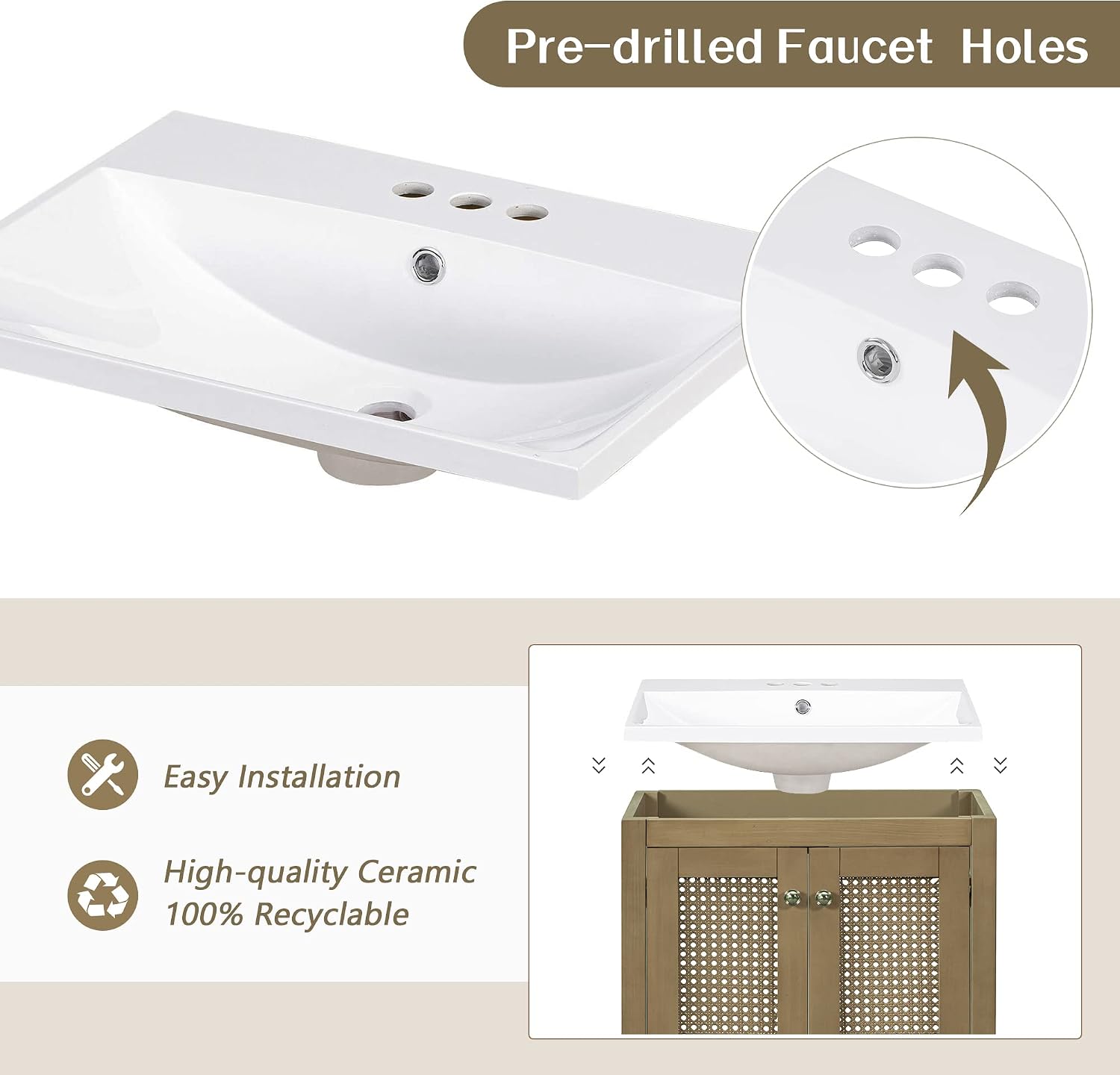 24'x18' Bathroom Vanity Sink Top Only, Center-Located Undermount/Drop-in Countertop, Fit for 4' Cenerset Faucet (Not Included), White