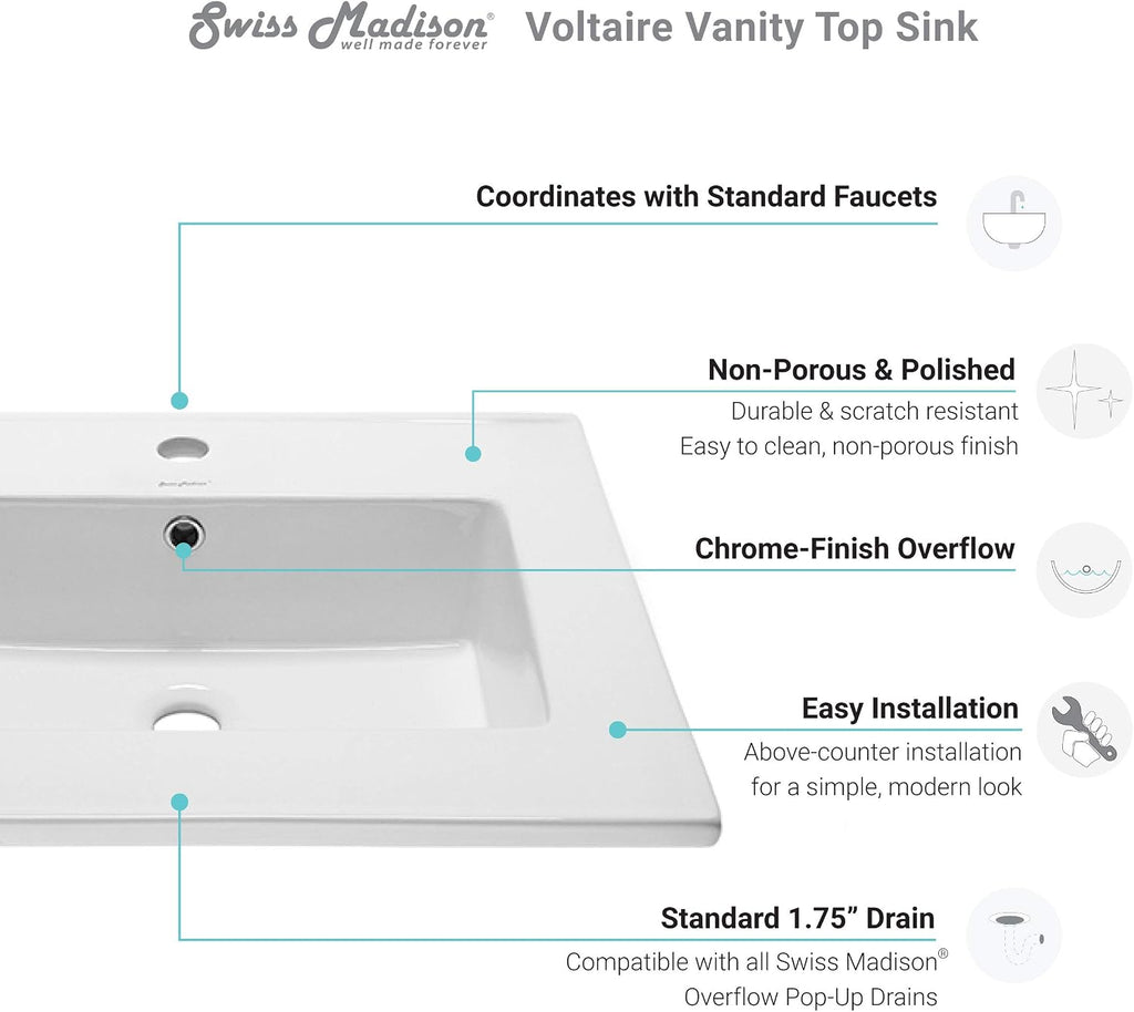Swiss Madison Well Made Forever SM-VT327 Voltaire Vanity Top Sink, Glossy White