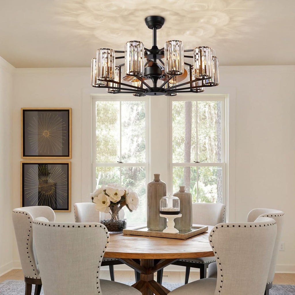 Large Crystal Caged Ceiling Fan with Light 10 Lights Vintage Black Crystal Chandelier Fan 34' Flush Mounted Ceiling Fan Light Fixture for Living Room Dining Room Hotel Foyer