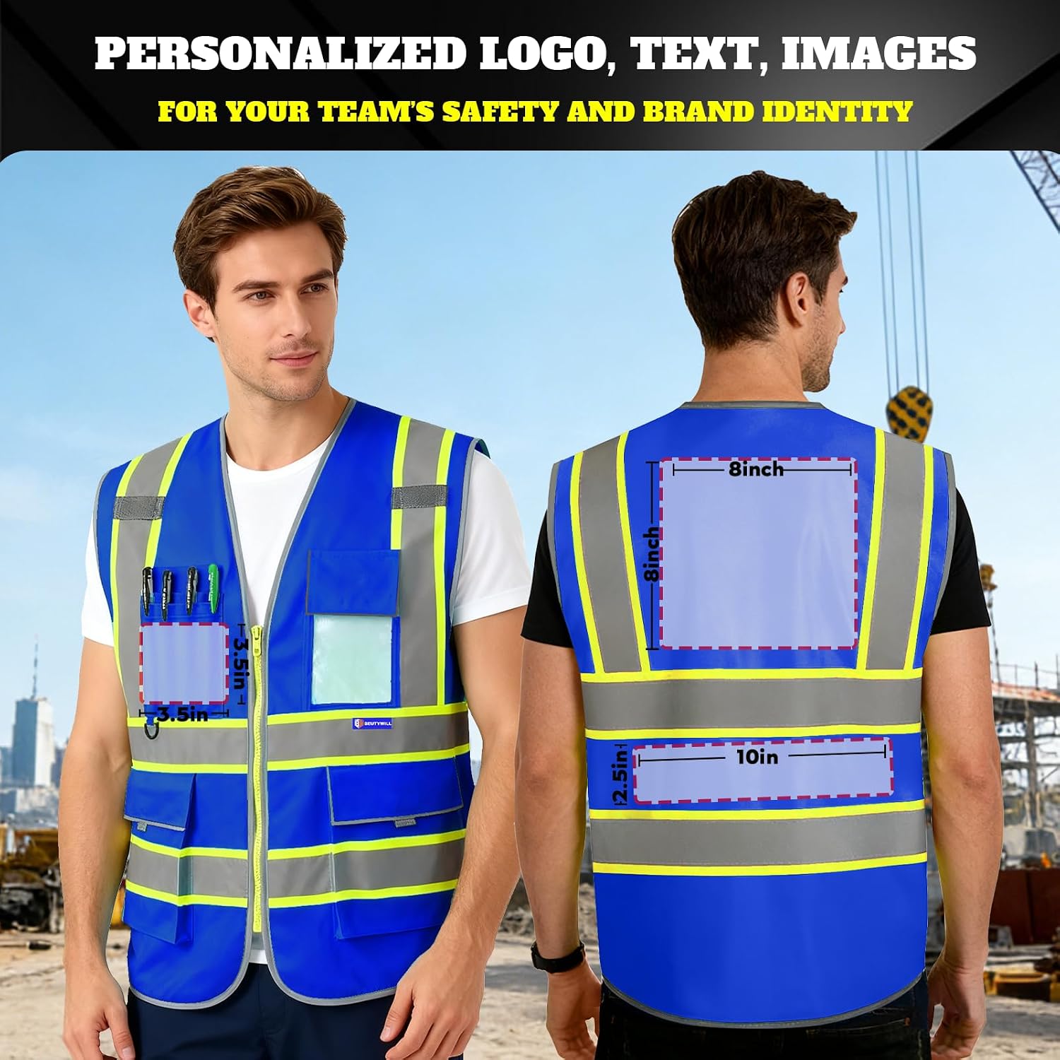 Custom Safety Vest Logo High Visibility Reflective Vest Ansi with Pockets Class 2 Hi Vis Security Construction Workwear