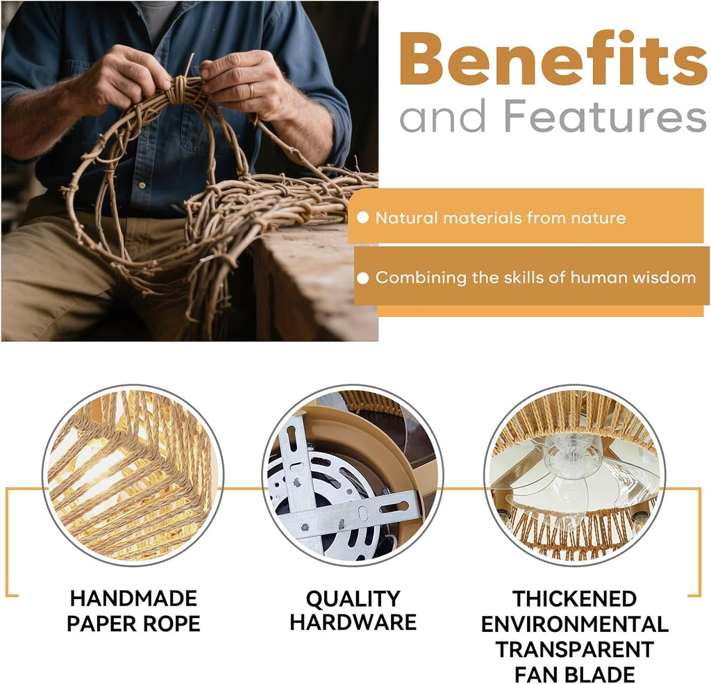 20 Inch Boho Low Profile Ceiling Fan with Soft Yellow Light, Handwoven Rattan & Hemp Design, Remote Control Fandelier - Includes 5+1 LED Bulbs, Flush Mount for Bedroom, Living Room, Patio