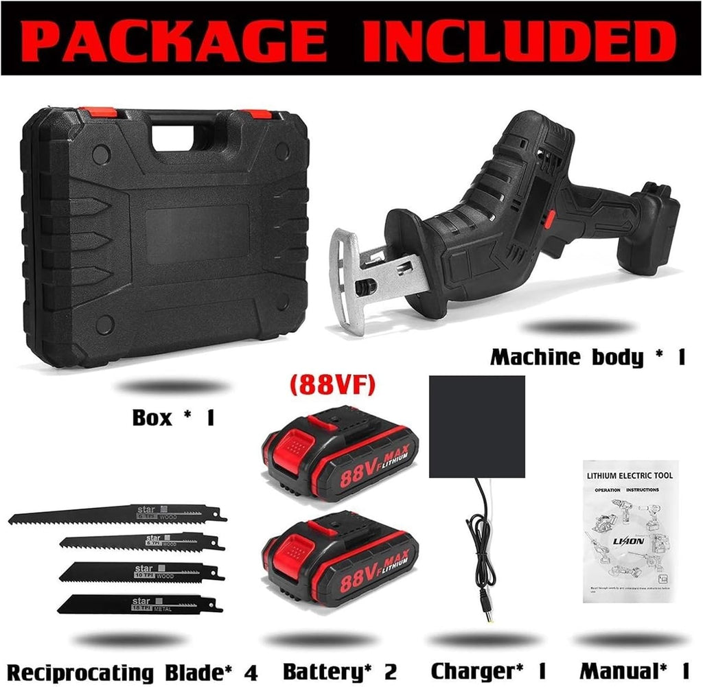 3000RPM/Min Cordless Electric Reciprocating Saw Portable Metal Wood Cutting Machine Tool Variable Speed 2Pcs Battery For DIY Use(2 Battery)