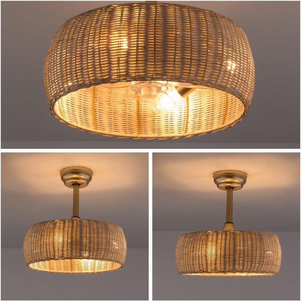 LOYALHEARTDY Rattan Caged Fandelier with Lights - 18in Bamboo, 6-Speed Reversible, Remote Control - Boho Woven Wicker Ceiling Fan