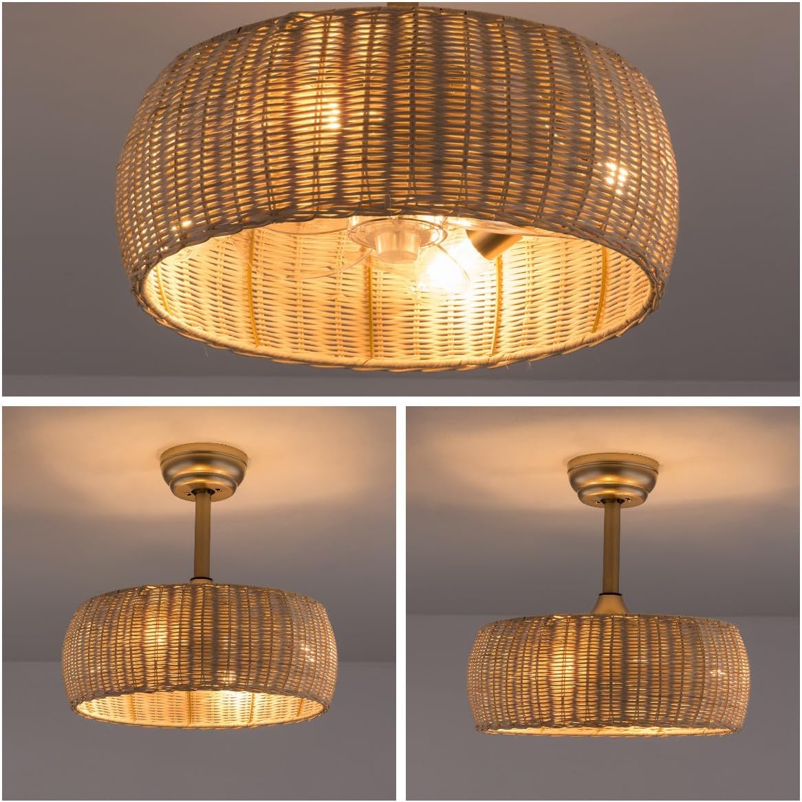 LOYALHEARTDY Rattan Caged Fandelier with Lights - 18in Bamboo, 6-Speed Reversible, Remote Control - Boho Woven Wicker Ceiling Fan