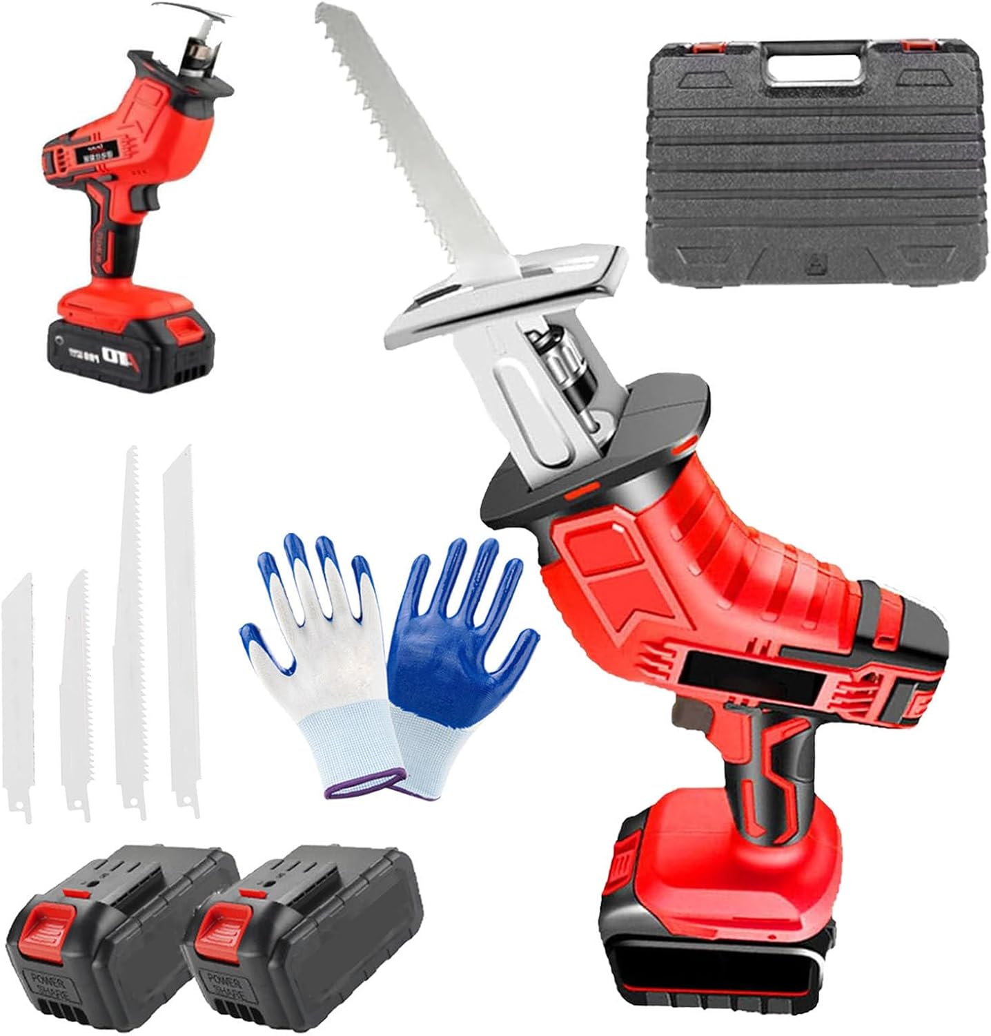 Cordless One-Handed Reciprocating Saw, Electric Bone Saw Butchers Saw, for Wood & Metal Cutting Reciprocating Saw, Lock Switch, with 4 Saw Tool-Free Blade Change/12 Gloves