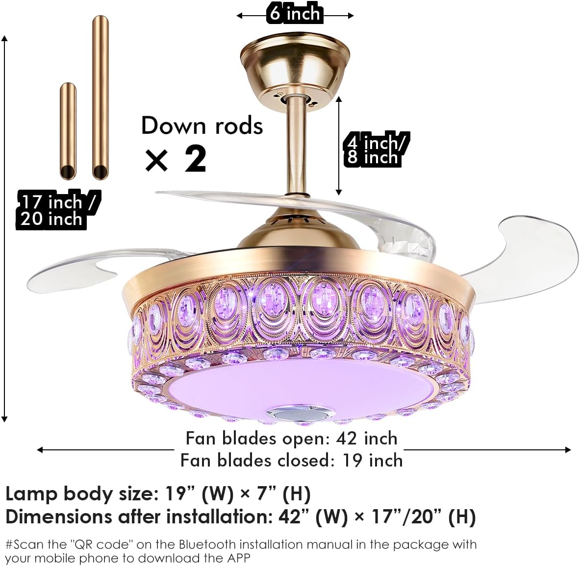 A Million Modern Fandelier Ceiling Fan with Light and Remote, 42'Gold Retractable Chandelier Ceiling Fans with Bluetooth Speaker 3 Speeds RGB LED Light Crystal Fandeliers for Dining Room Bedroom