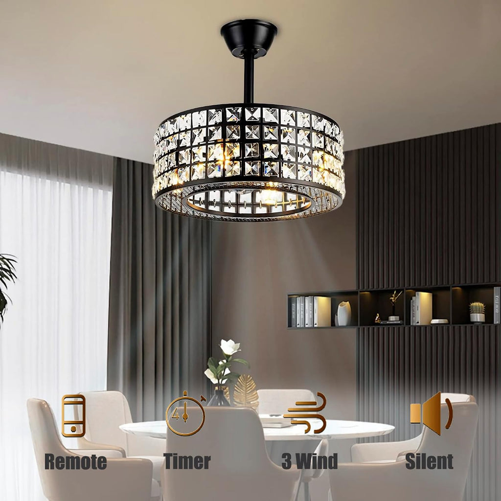 Fandian 18' Industrial Caged Ceiling Fan with Light,Bladeless Fan with 3 Speeds, Black Farmhouse Crystal Fandelier with Remote Control, Vintage Crystal Chandelier Fan for Dining Bedroom