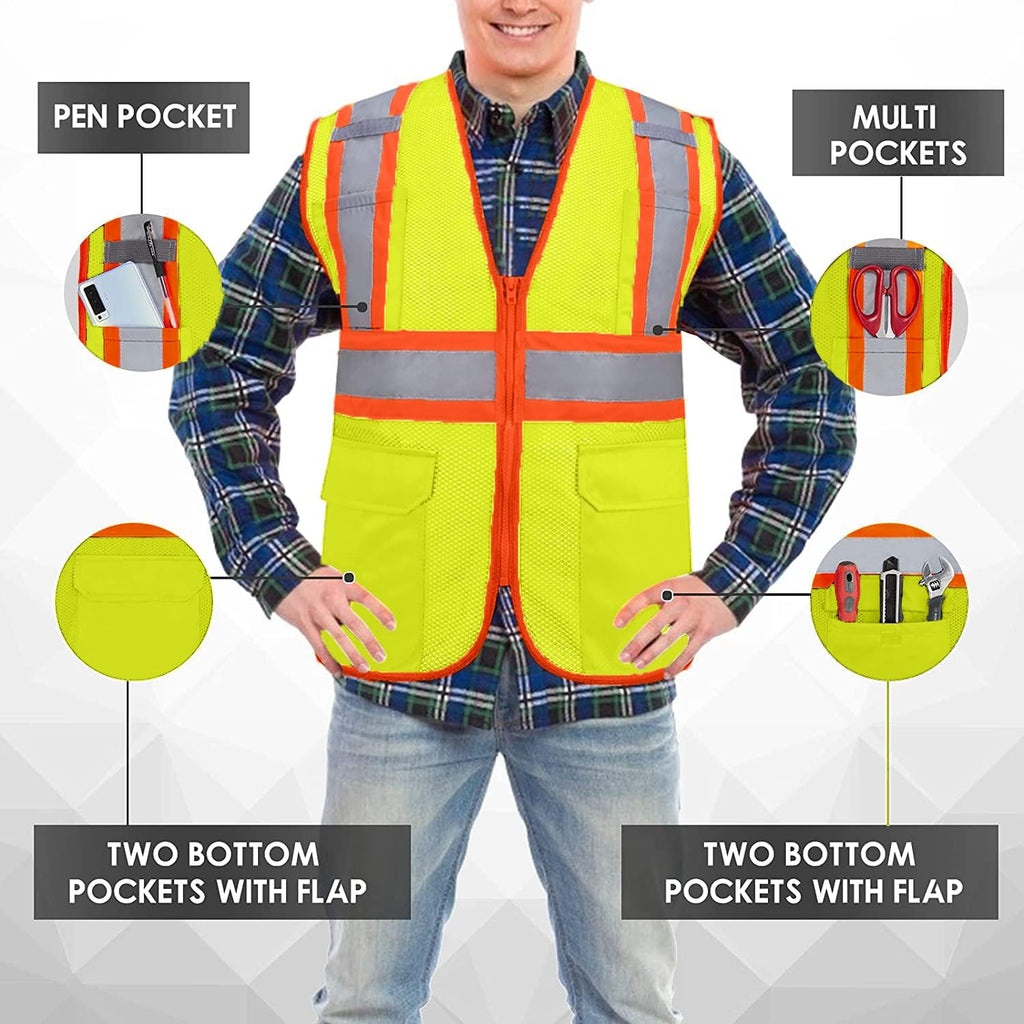 BeautyWill Custom Safety Vest Customized Logo Class 2 High Visibility Reflective Vest with Pockets Construction workwear