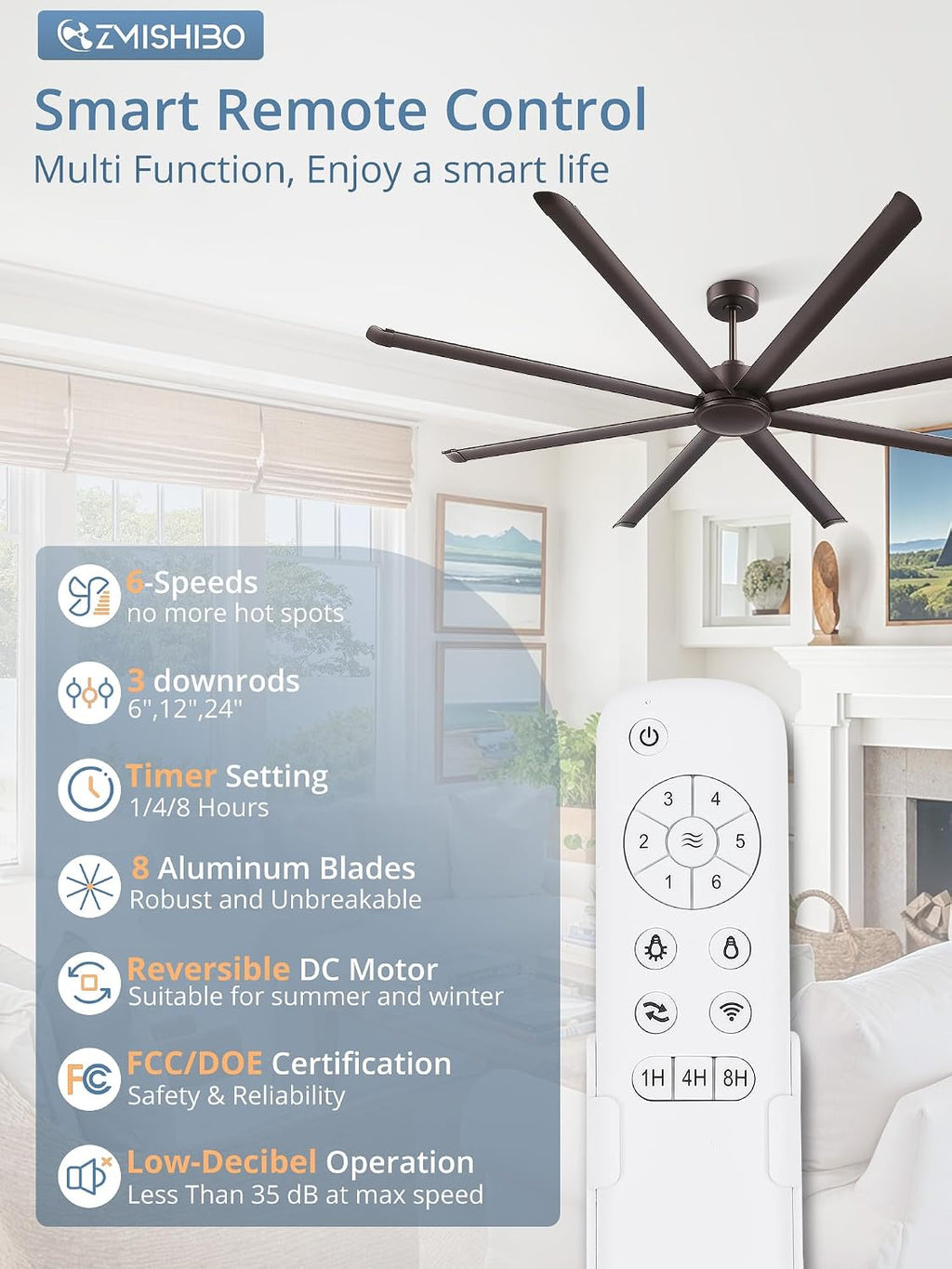 ZMISHIBO 96' Large Industrial Ceiling Fans No light with Aluminum 8 Blades, Commercial HVLS Ceiling Fan without Light,Quiet DC Motor,6 Speeds, Indoor Outdoor Ceiling Fan for Garage Shop, Oil Bronze
