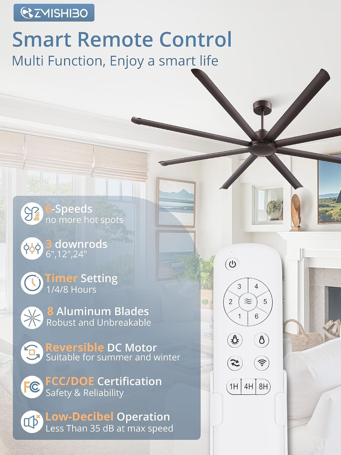 ZMISHIBO 96' Large Industrial Ceiling Fans No light with Aluminum 8 Blades, Commercial HVLS Ceiling Fan without Light,Quiet DC Motor,6 Speeds, Indoor Outdoor Ceiling Fan for Garage Shop, Oil Bronze