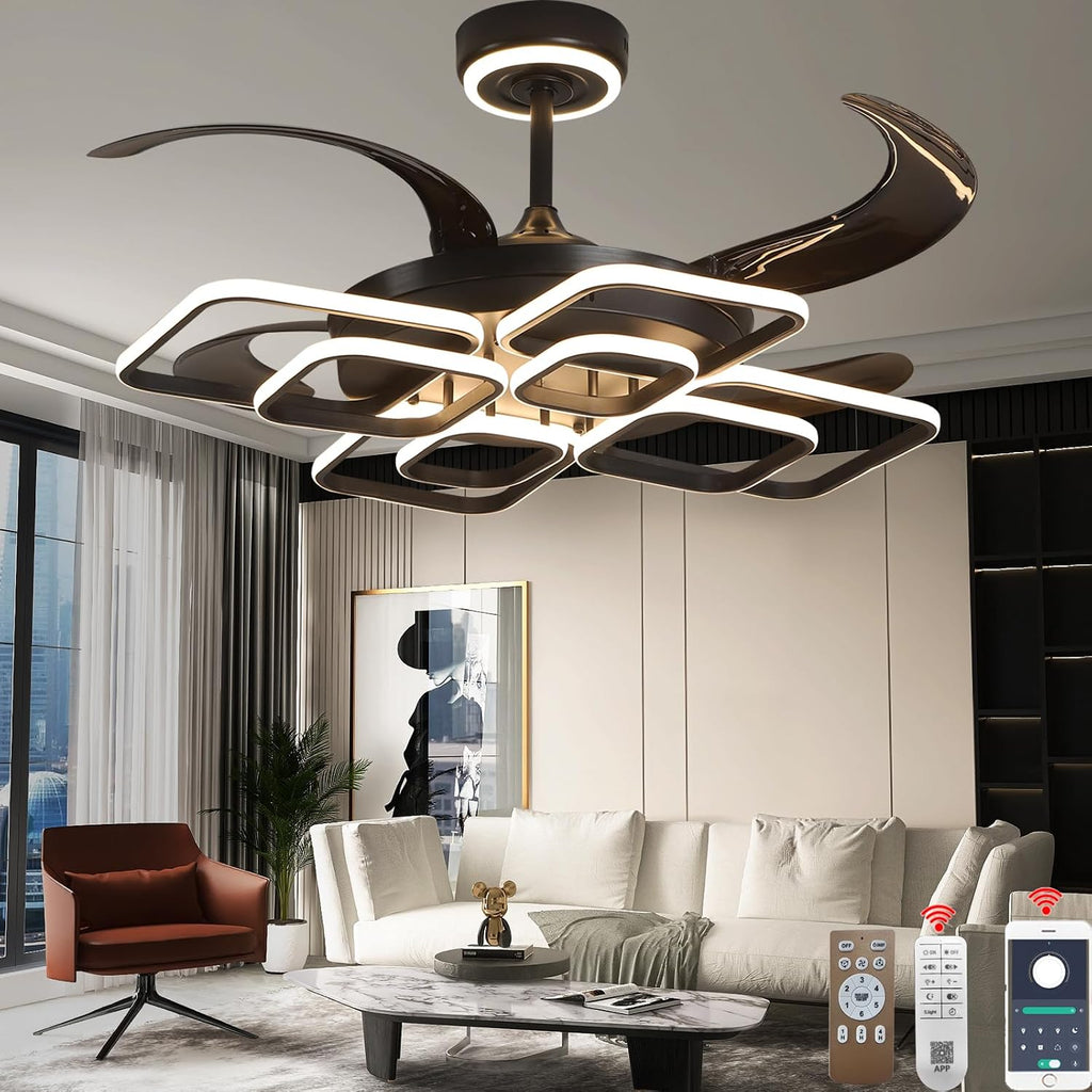 48 Inch Retractable Fandelier Ceiling Fan Chandelier with Lights and Remote for Bedroom Indoor Decoration, 3 Color Changeable, Dimmable with App, Timer Setting, Black
