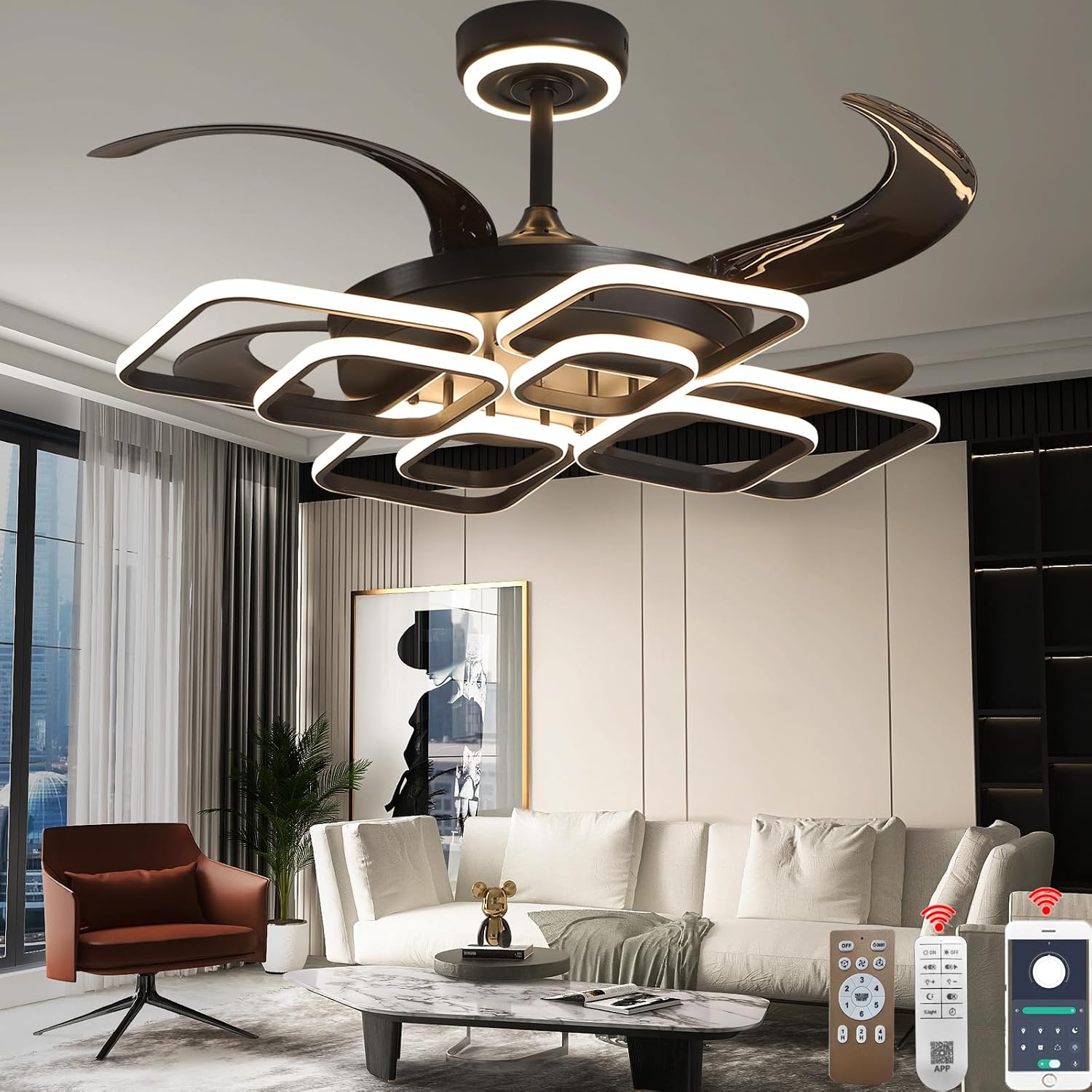 48 Inch Retractable Fandelier Ceiling Fan Chandelier with Lights and Remote for Bedroom Indoor Decoration, 3 Color Changeable, Dimmable with App, Timer Setting, Black
