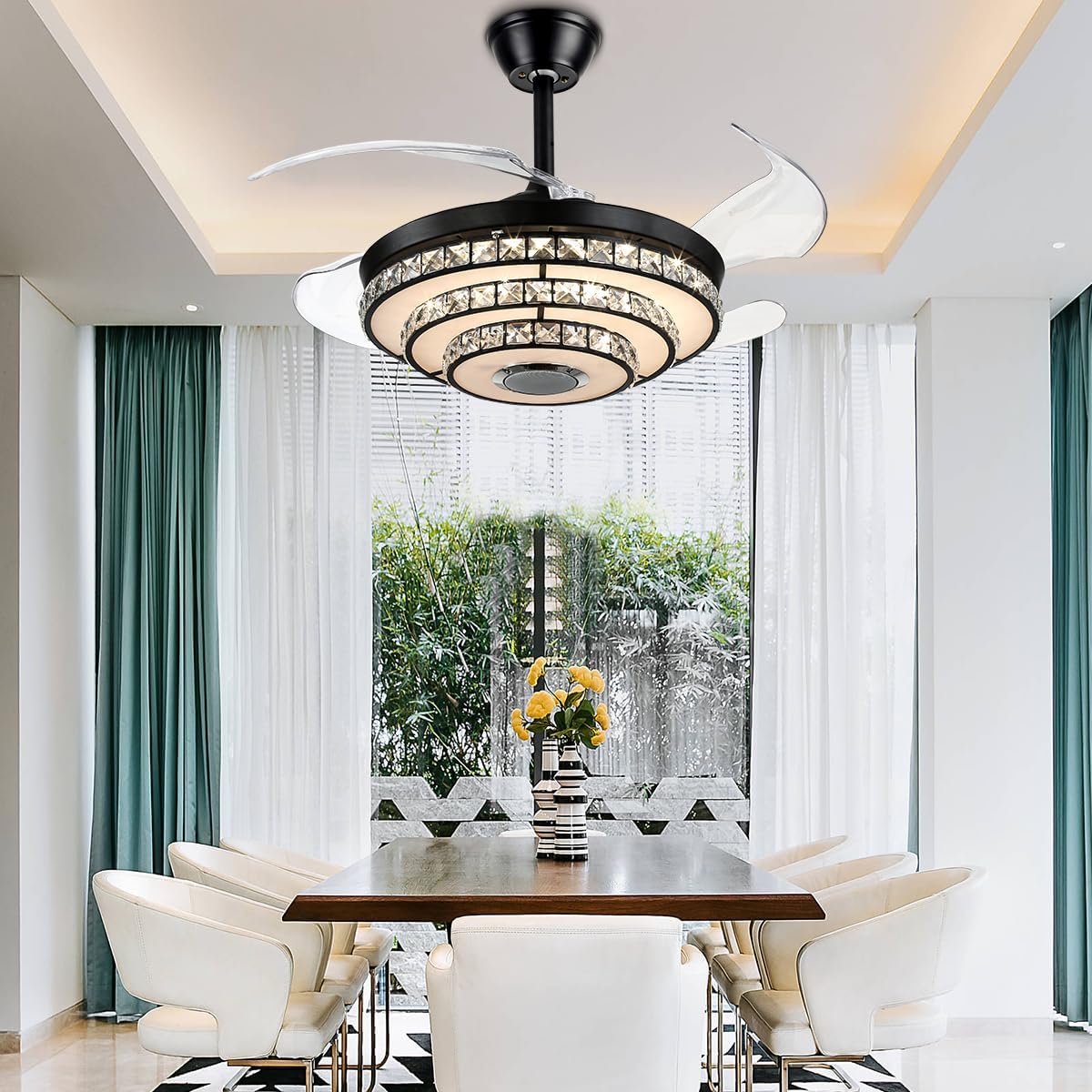 42' Fandelier Ceiling Fan with Light Bluetooth Speaker, Modern Retractable Reversible Chandelier Fan Black Crystal Ceiling Fan Light with Remote 6 Speeds 7 Color Change for Bedroom