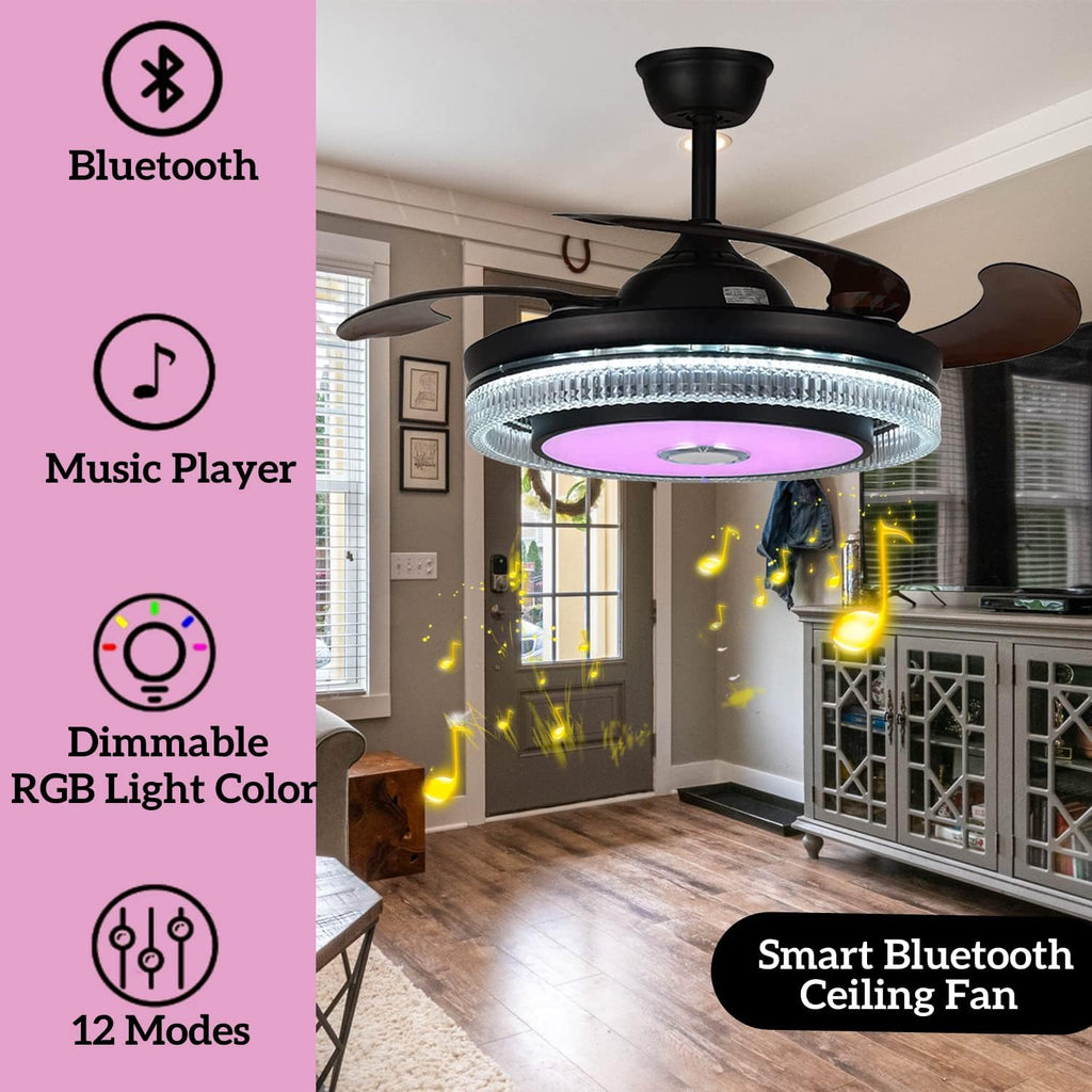42in Fandelier Ceiling Fan with Lights and Bluetooth Speaker,Modern Crystal Chandelier LED Fan 6 Speeds Fans Music with Remote Control Modern Crystal Invisible Blades with Silent Motor