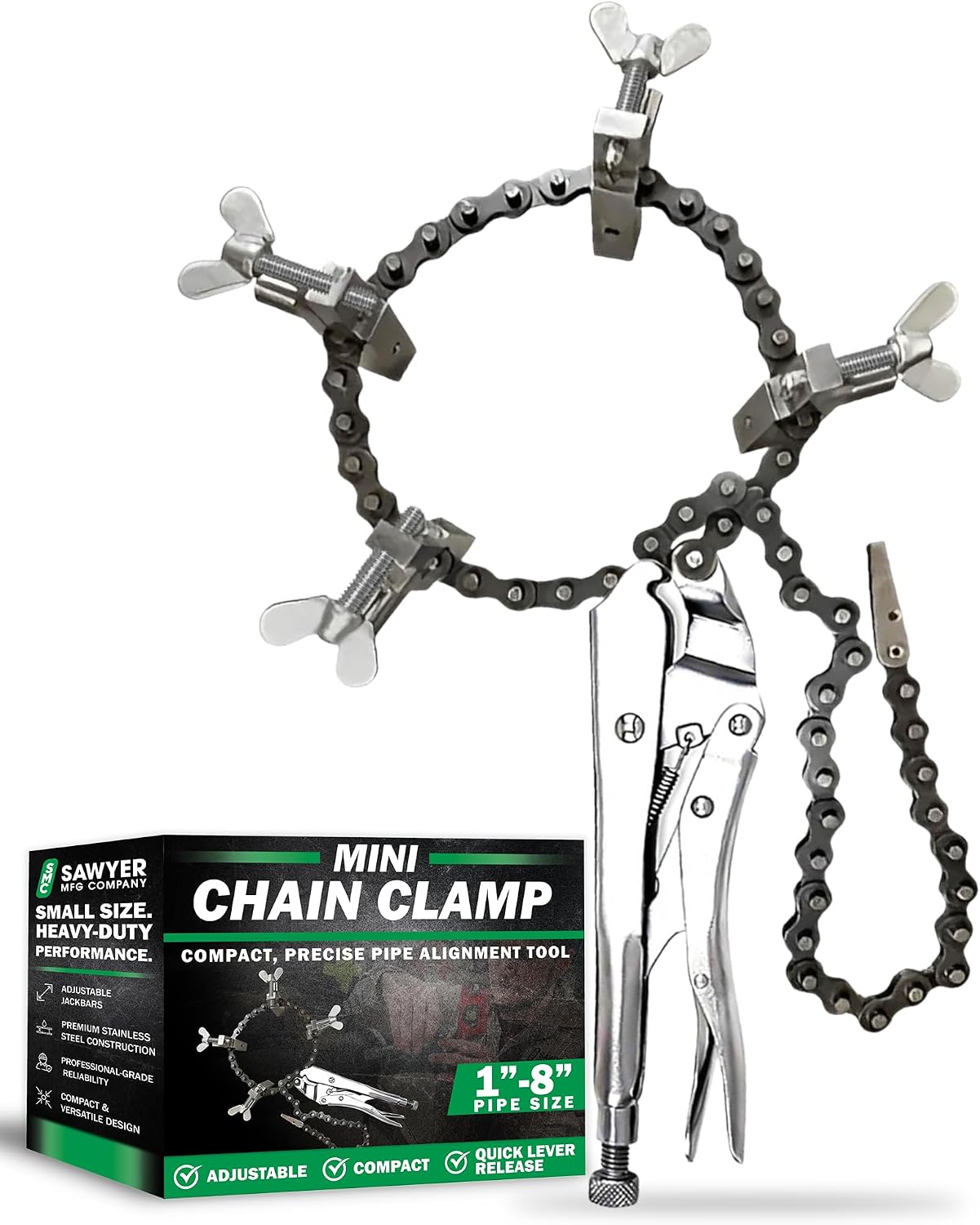 Sawyer - Mini Chain Clamp - Heavy Duty Pipe Vise for Welding, Repair, Stainless Steel Tools, Quick Lock Connector, Rigid, Bench Accessories, Grip, Wrench, Threader, Fitter, Links - 1'-8' Diameter