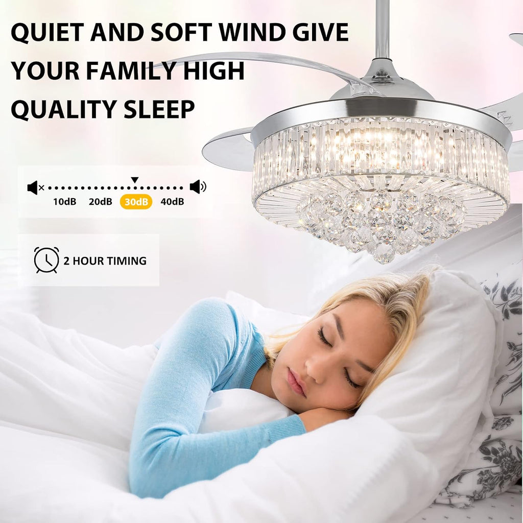 DatingDay 36' Invisible Ceiling Fan Chandelier Light,Modern Crystal Ceiling Fan Light Remote Control 4 Retractable ABS Blades for Bedroom Living Room Dining Room Decoration