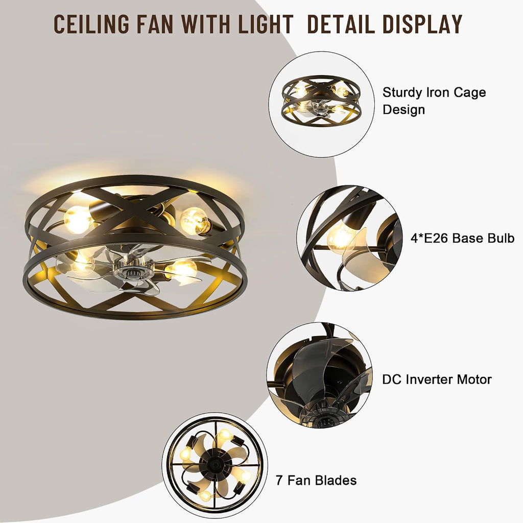 20'' Caged Ceiling Fan with Light,6 Speed Reversible DC Motor,4 E26 Bulb Base,1/2/4H Timer,Industrial Flush Mount Low Profile Ceiling Fan with Remote Control for Bedroom Living Room