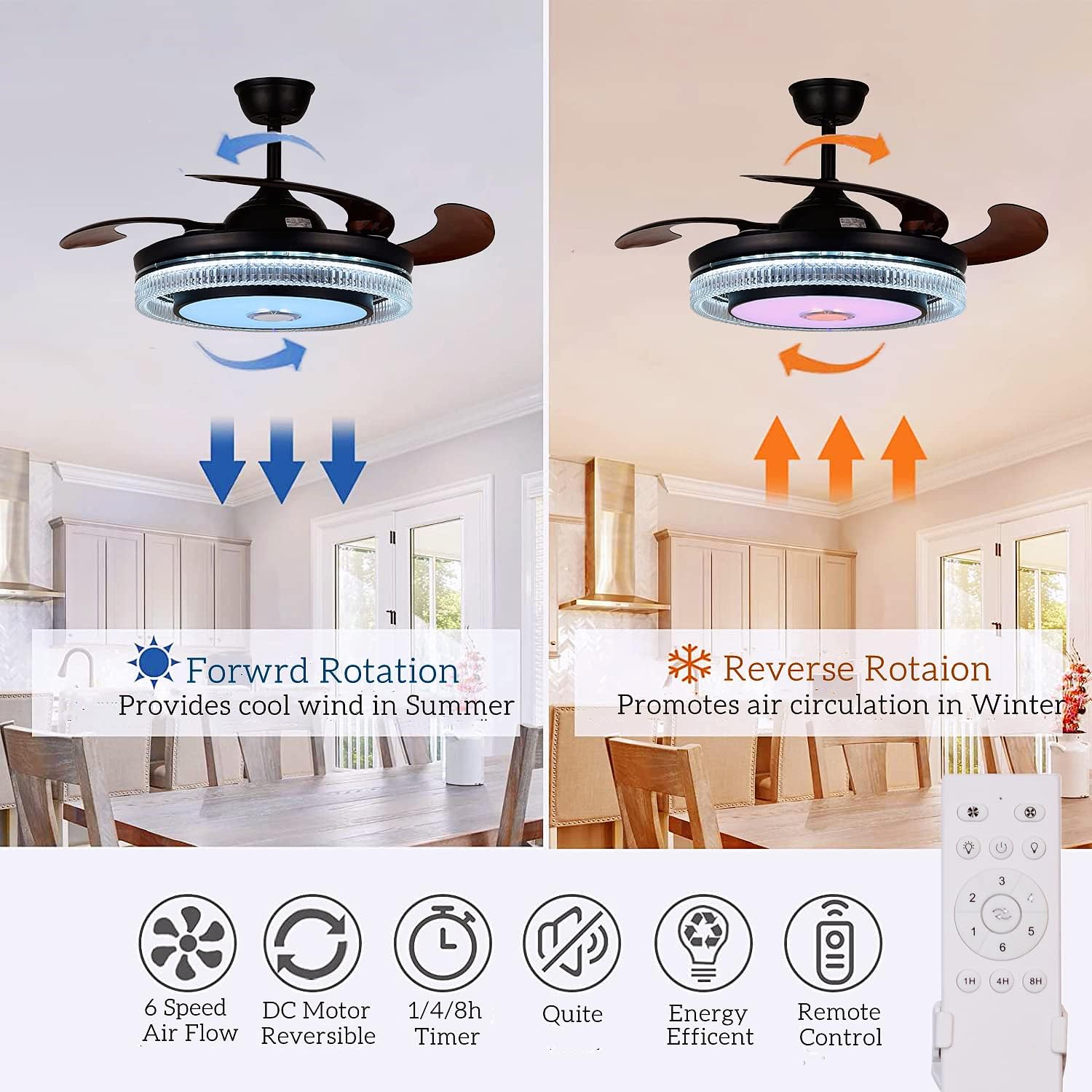 42in Fandelier Ceiling Fan with Lights and Bluetooth Speaker,Modern Crystal Chandelier LED Fan 6 Speeds Fans Music with Remote Control Modern Crystal Invisible Blades with Silent Motor