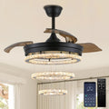 42' Black Crystal Ceiling Fan with Light, Dimmable LED Fandelier with Retractable Invisible Blades, Quiet Reversible DC Motor, 3 Color Lighting, Flush Mount for Bedroom, Living Room, Dining Room