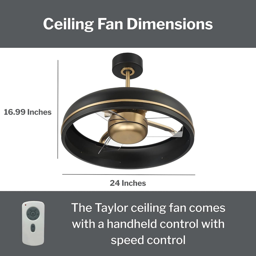 Craftmade TYL24FBSB3-NWF Taylor 24 Inch 3 Blade Indoor Fandelier | Flat Black/Satin Brass Finish with Clear Acrylic Blades | Integrated 1167 Lumens LED 3000K | Remote Included | DC Motor Ceiling Fan
