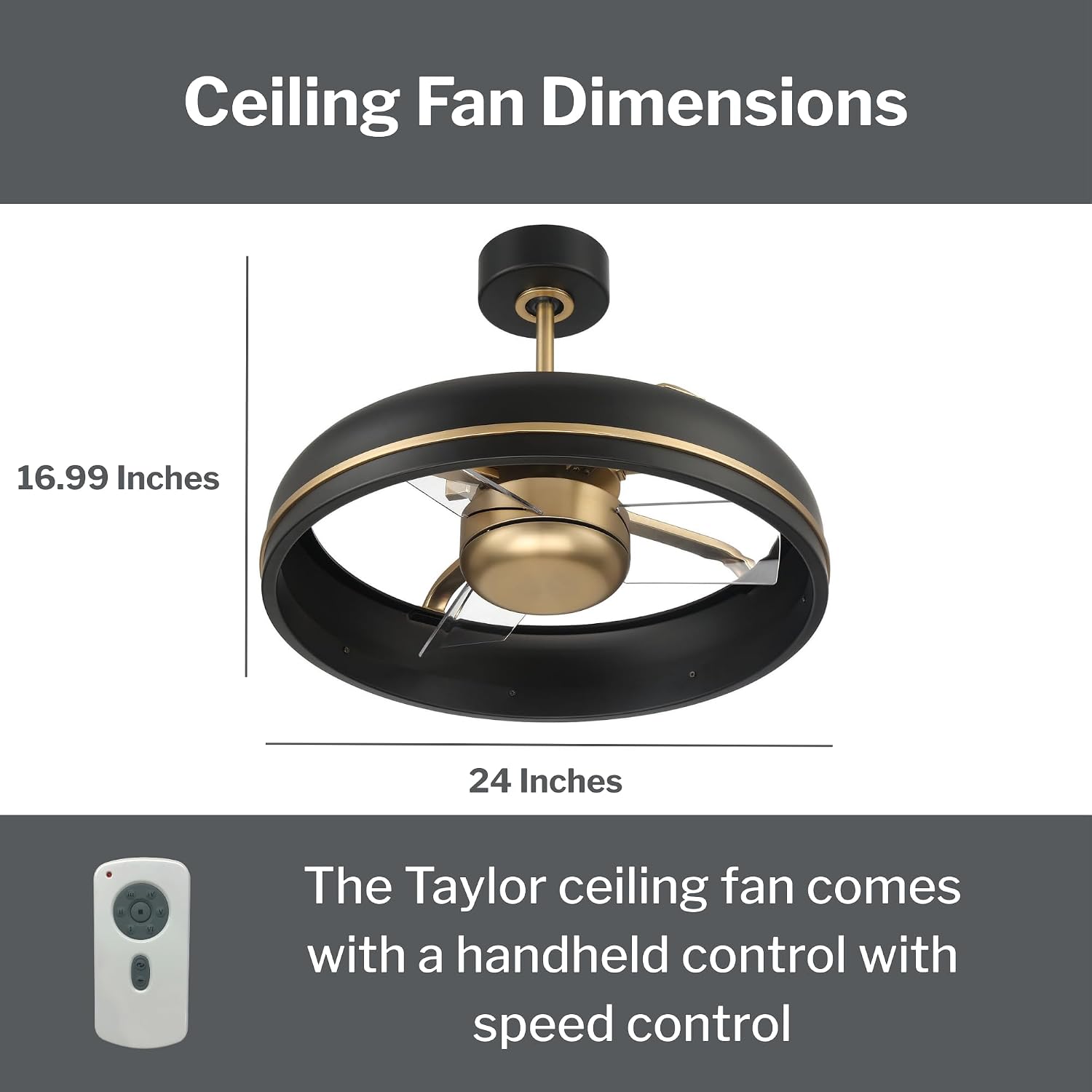 Craftmade TYL24FBSB3-NWF Taylor 24 Inch 3 Blade Indoor Fandelier | Flat Black/Satin Brass Finish with Clear Acrylic Blades | Integrated 1167 Lumens LED 3000K | Remote Included | DC Motor Ceiling Fan
